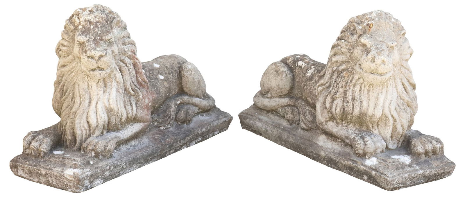 (2) CAST STONE GARDEN STATUARY RECUMBENT LIONS: (pair) Cast stone garden sculptures, Recumbent Lions, each on modeled rectangular base, approx 14.5"h, 22.5"w, 8.5"d **PLEASE NOTE: All cast stone and garden pieces in this auction have inherent flaws