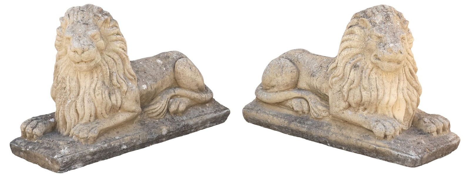 (2) CAST STONE GARDEN STATUARY RECUMBENT LIONS: (pair) Cast stone garden sculptures, Recumbent Lions, each on modeled rectangular base, approx 14.5"h, 22.5"w, 8.5"d **PLEASE NOTE: All cast stone and garden pieces in this auction have inherent