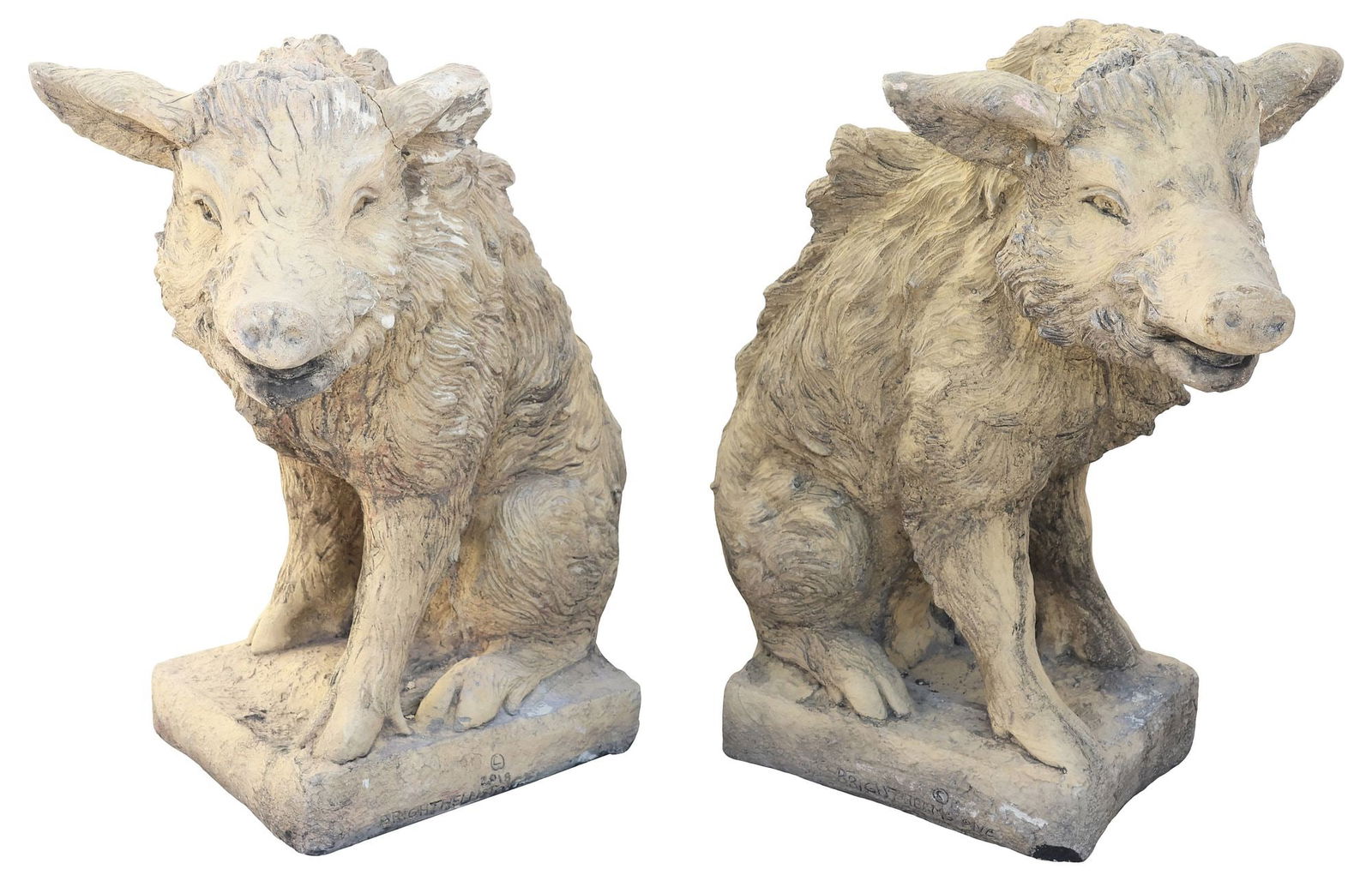 (2) PAINTED CAST STONE GARDEN STATUARIES, SEATED WILD BOAR: (pair) Cast stone garden sculptures, modeled as seated wild boars, mouths slightly agape, on rectangular plinth, (one) having ears intact with restoration, in a worn, tan painted finish, approx 22"h,
