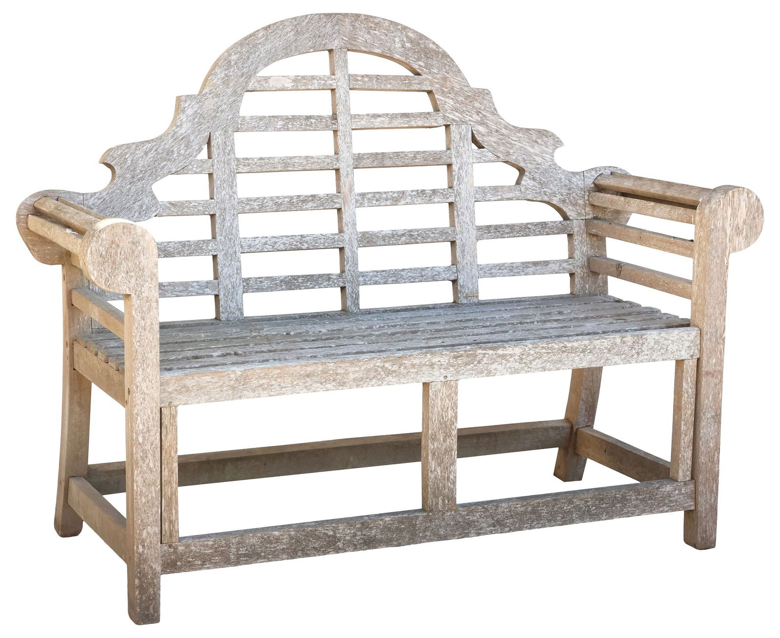 RUSTIC LUTYENS STYLE SLATTED WOOD GARDEN BENCH: Rustic wood garden bench, in the manner of Sir Edwin Lutyens (English, 1869-1944), 20th c., having arched back and rolled arms, slatted seat, rising on stretcher-joined straight supports, approx