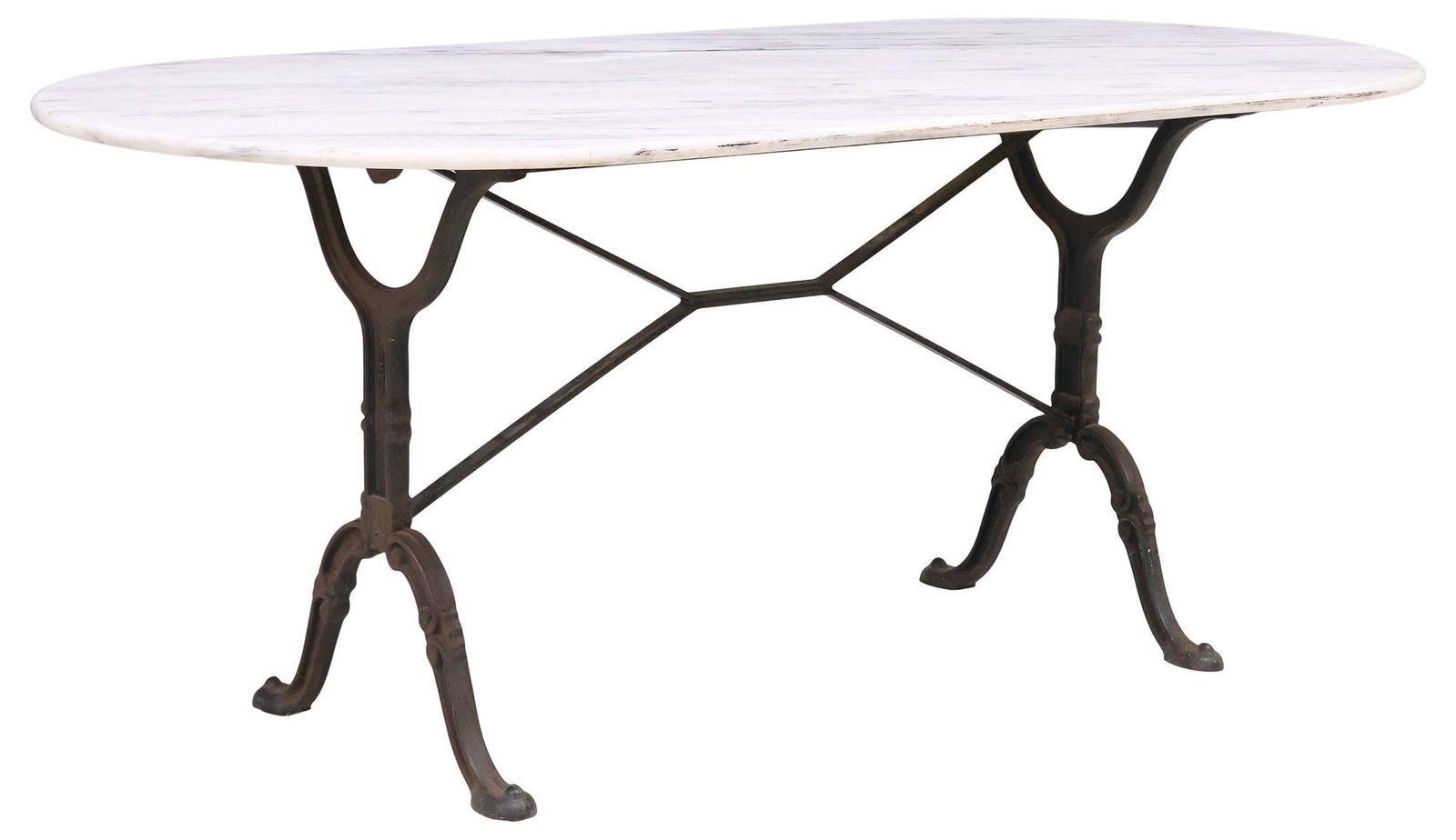 LARGE FRENCH MARBLE-TOP CAST IRON BISTRO TABLE, 70.5"L: French bistro table, 20th c., having elongated oval marble top, on cast iron base, approx 28.75"h, 70.5"w, 33.5"d **PLEASE NOTE: All cast stone and garden pieces in this auction have inherent flaws an