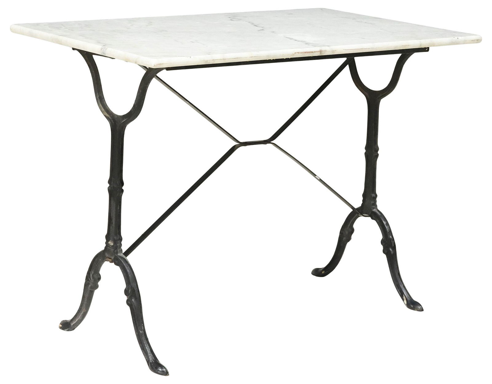 FRENCH MARBLE-TOP CAST IRON BISTRO TABLE: French bistro table, 20th c., rectangular marble top, raised on black-painted cast iron base, marble intact with stable hairline at edge, approx 28.5"h, 39.5"w, 23.75"d **PLEASE NOTE: All garden piece