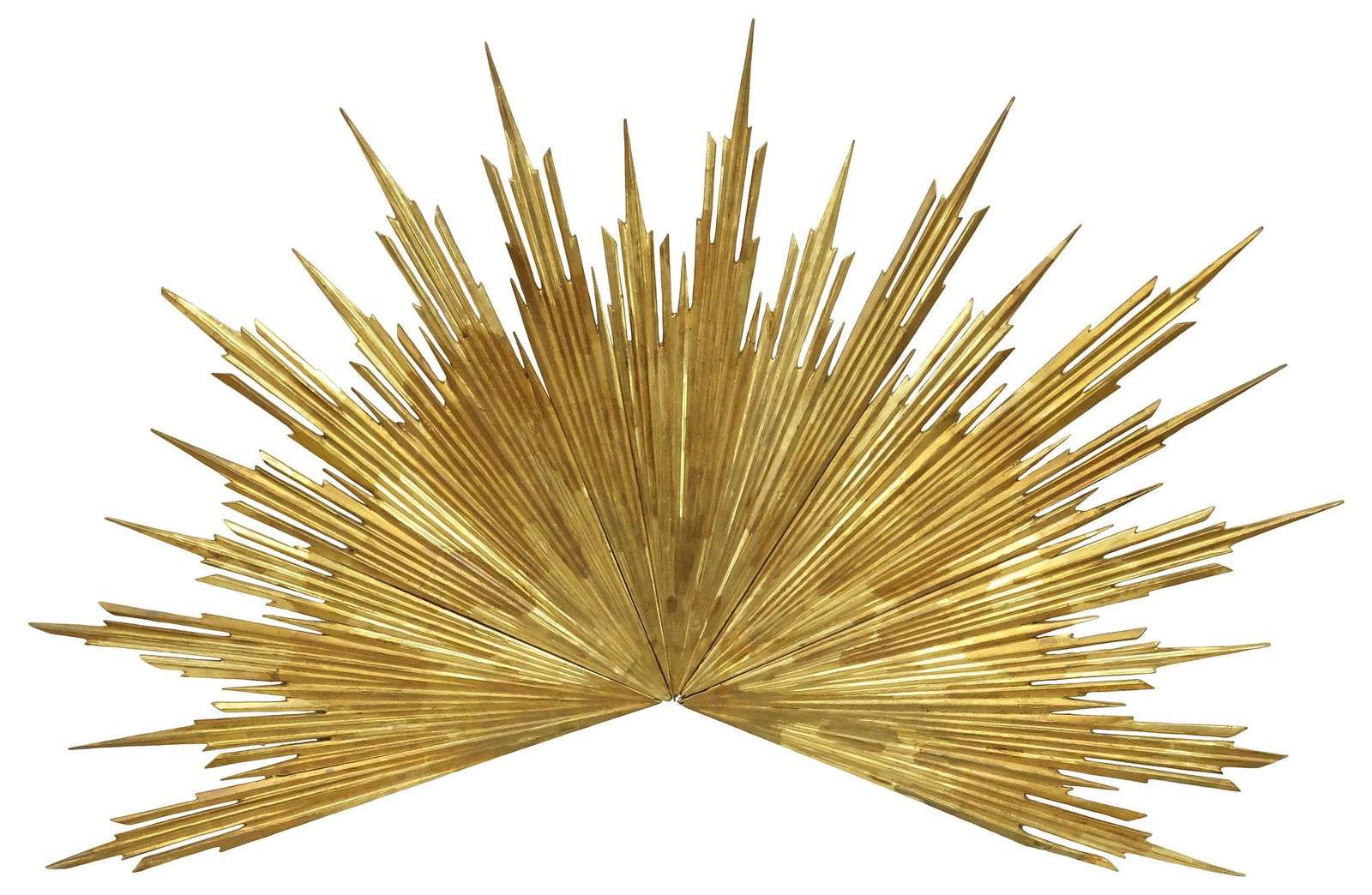 LARGE ITALIAN CARVED GILTWOOD SUNBURST ARCHITECTURAL ELEMENT: Italian giltwood wall-mounted architectural element, early 20th c., gesso over carved wood, in the form a sunburst, approx 49.5"h, 76.5"w, 1"d