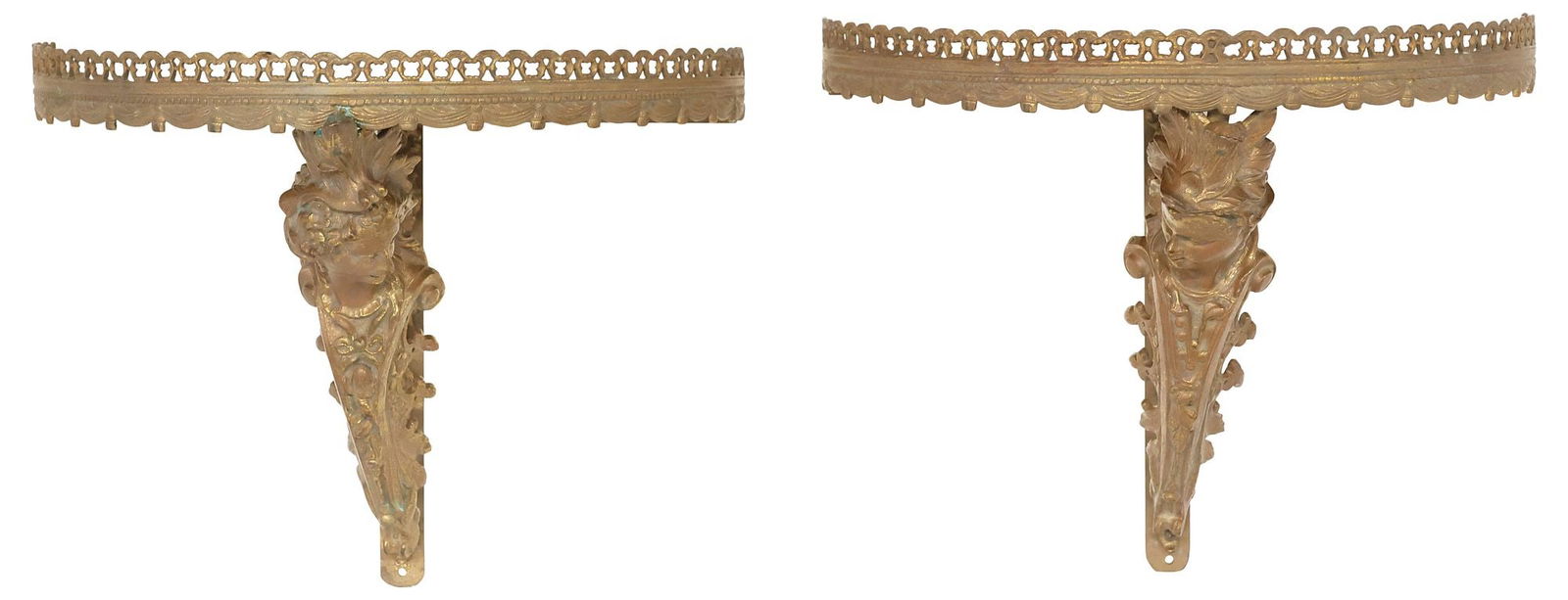 (2) LARGE FRENCH GILT-METAL FIGURAL CARYATID DEMILUNE WALL BRACKETS: (pair) French gilt-metal wall brackets, late 19th c., demilune top with pierced gallery, figural caryatid support, with scrolled foliate motifs, approx 13"h, 15.5"w, 8.5"d, 11.75lbs total