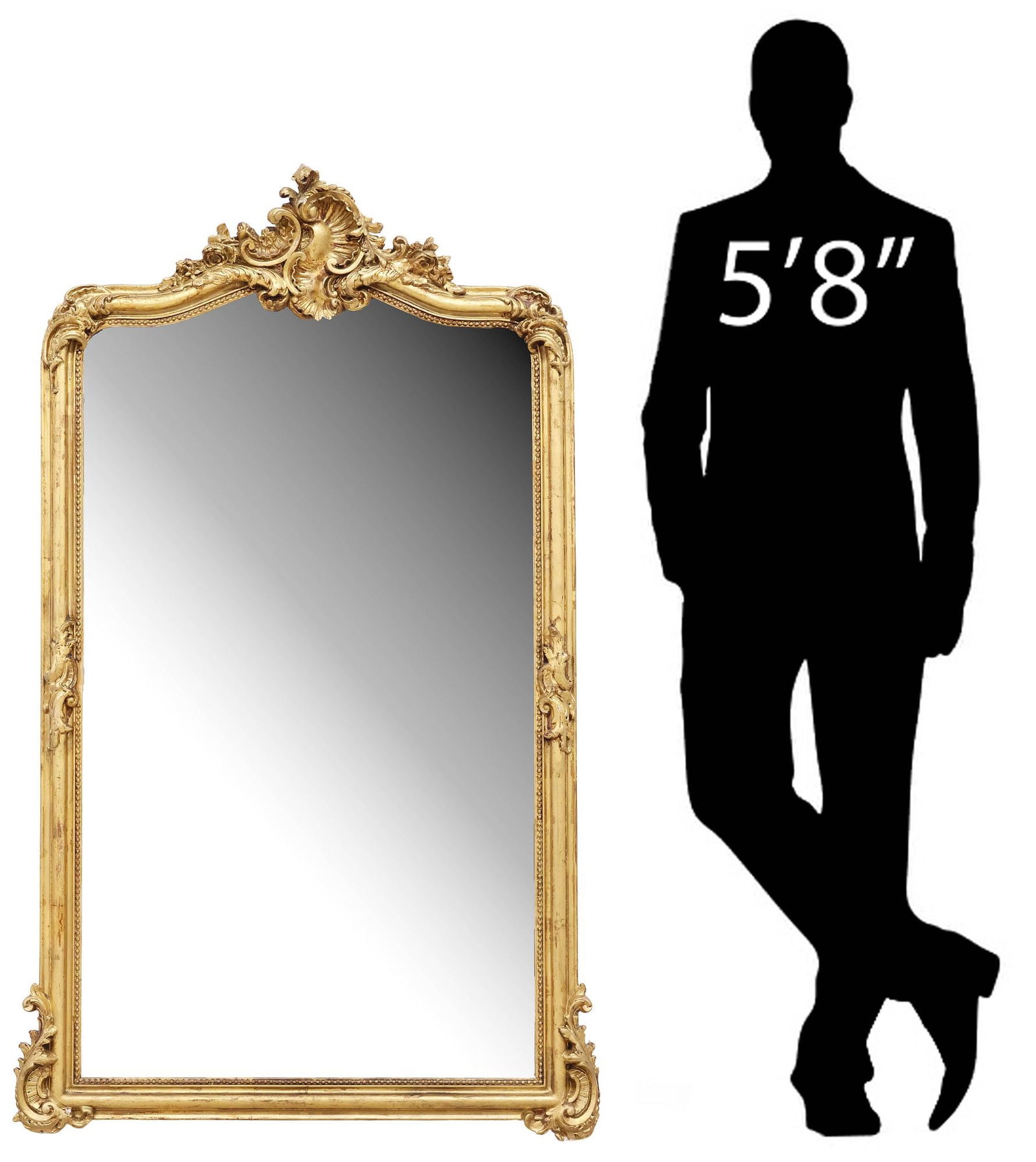 FRENCH LOUIS XV STYLE GILT-PAINTED WALL MIRROR, 59.5"H: French Louis XV style wall mirror, late 19th c., having scrolling foliate crest, above shaped frame with beaded trim, encasing later beveled mirror plate, in a later gilt-painted finish, approx