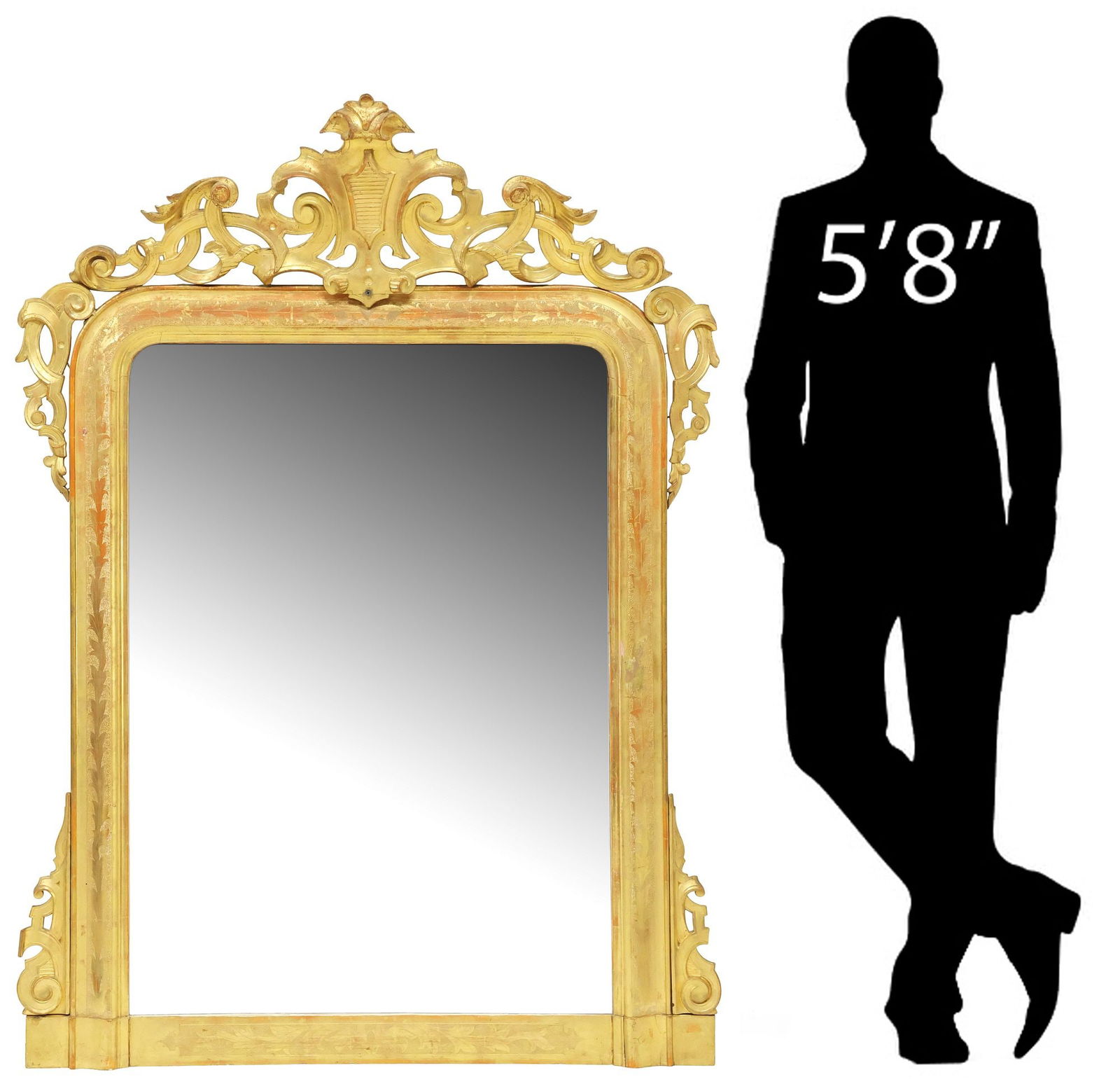 FRENCH LOUIS PHILIPPE PERIOD GILTWOOD MIRROR, 64.5"H: French Louis Philippe period giltwood wall mirror, mid 19th c., having scrolling foliate shield crest, above arched frame with incised foliates and raised scroll motifs, encasing flat mirror plate,