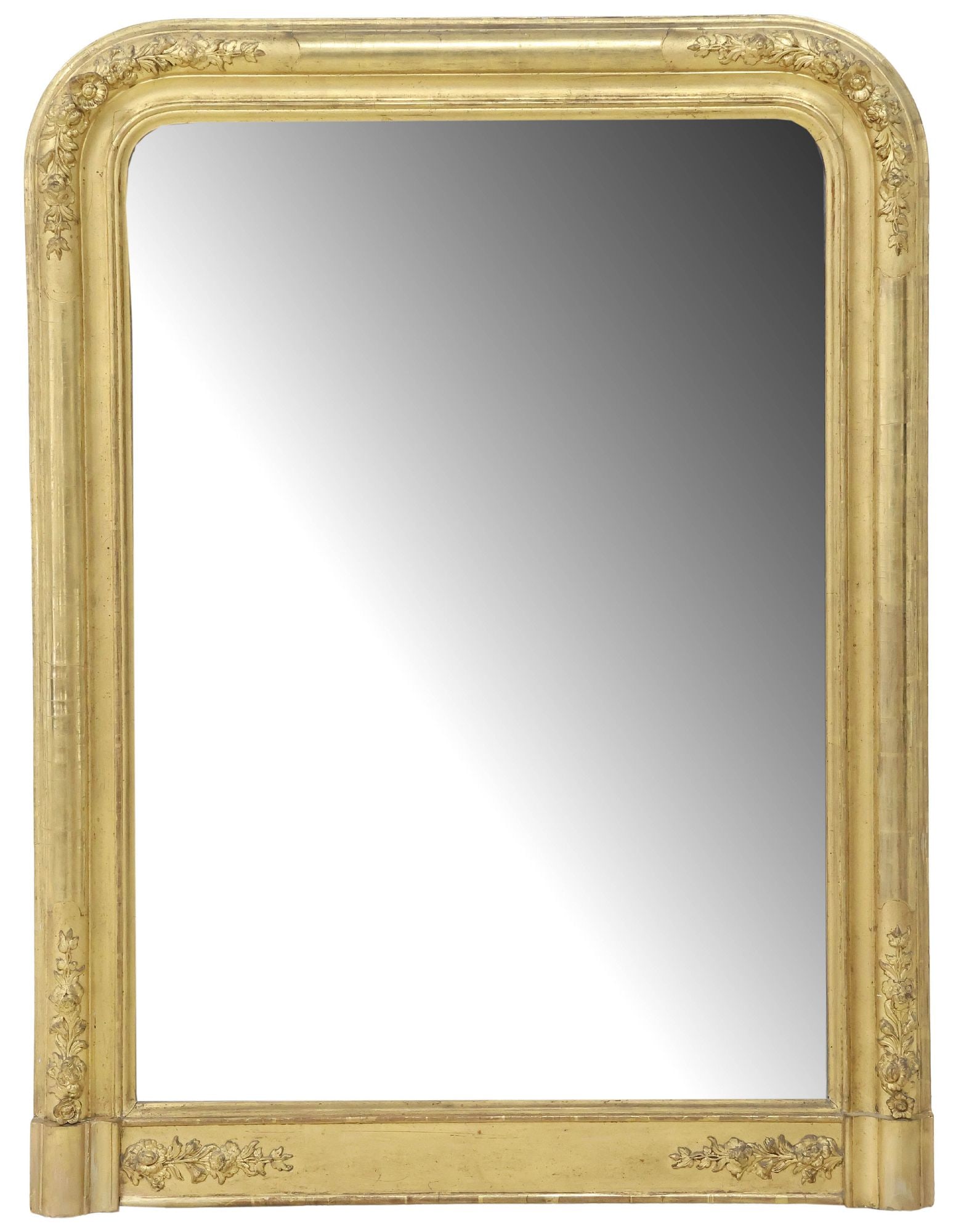 FRENCH LOUIS PHILIPPE PERIOD FLORAL GILTWOOD MIRROR, 49" X 37": French Louis Philippe giltwood wall mirror, mid 19th c., arched frame accented by molded floral and foliate motifs, encasing flat mirror plate, approx 49"h, 37"w, 53lbs
