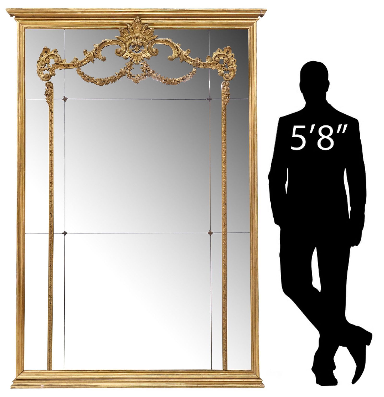 MONUMENTAL LOUIS XVI STYLE GILTWOOD MIRROR, 80" X 55": Monumental Louis XVI style giltwood mirror, early 20th c., molded cornice and frame, encasing flat mirror plates, sectioned and mounted with molded gesso swag garlands, approx 80"h, 55"w,