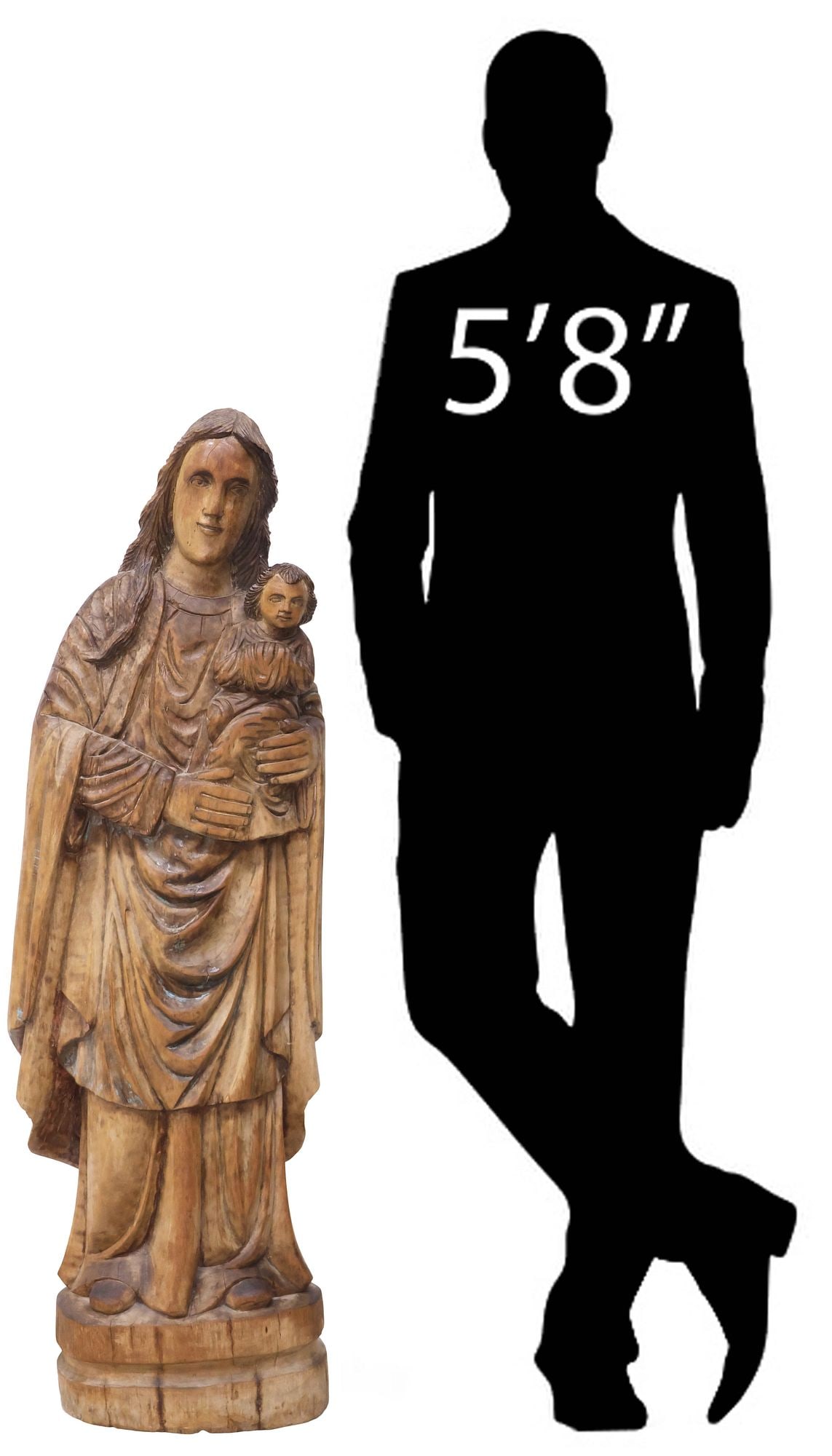 LARGE CONTINENTAL CARVED WOOD SCULPTURE OF THE MADONNA & CHILD, 48"H: Continental carved wood figural sculpture, 19th c., modeled as the Virgin and infant Christ, both figures cloaked in billowing robes, standing atop oval plinth, remnants of painted decoration, approx