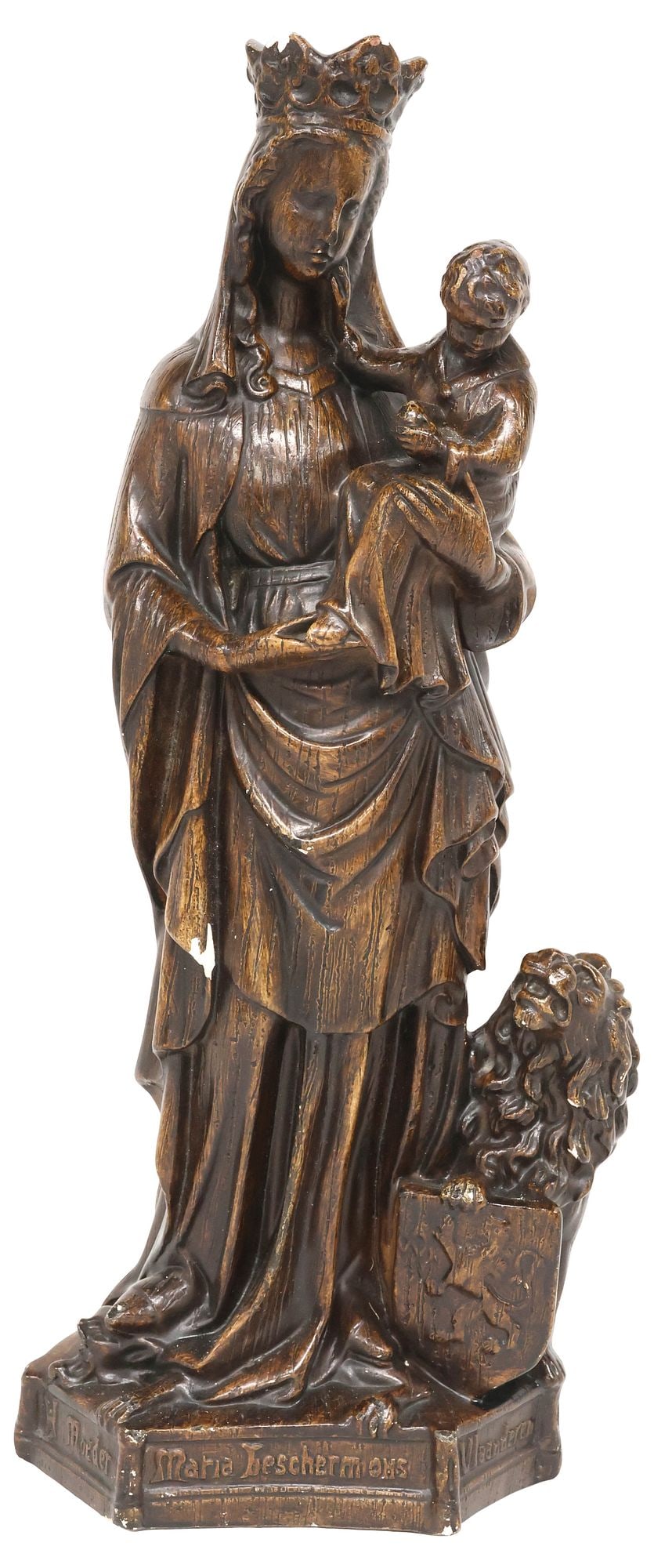 MADONNA & CHILD OF FLANDERS PAINT-DECORATED CHALKWARE SCULPTURE: Continental paint-decorated chalkware figural group sculpture, Madonna and Child, 20th c., crowned Virgin Mary holding the Christ child, a lion at her feet supporting the Flemish coat of arms, atop va