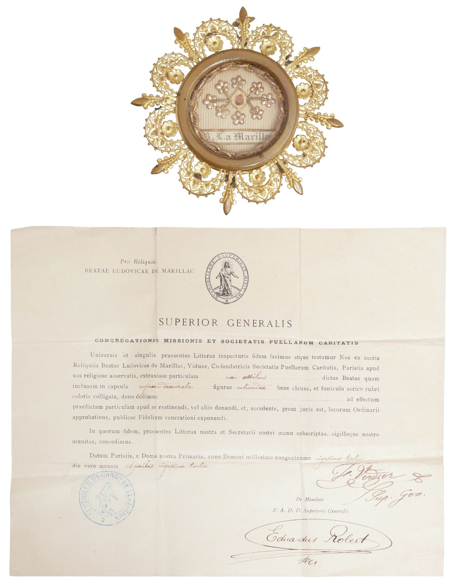 1ST-CLASS RELIC OF ST. LOUISE DE MARILLAC IN ORNATE THECA RELIQUARY WITH COA: First-class (ex ossibus) relic of Saint Louise de Marillac (also known as Louise Le Gras, Co-Founder of the Daughters of Charity, France, 1591-1660), housed in an ornate gold-tone metal theca