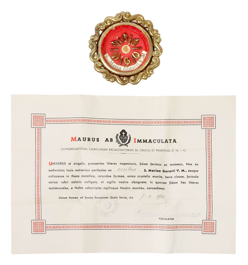 1ST-CLASS RELIC OF ST. MARIA TERESA GORETTI IN THECA RELIQUARY WITH COA: First-class (ex ossibus) relic of Saint Maria Teresa Goretti (Virgin and Martyr, Italian, 1890-1902), housed in a gold-tone metal theca reliquary, with scrollwork border, red wax seal with the