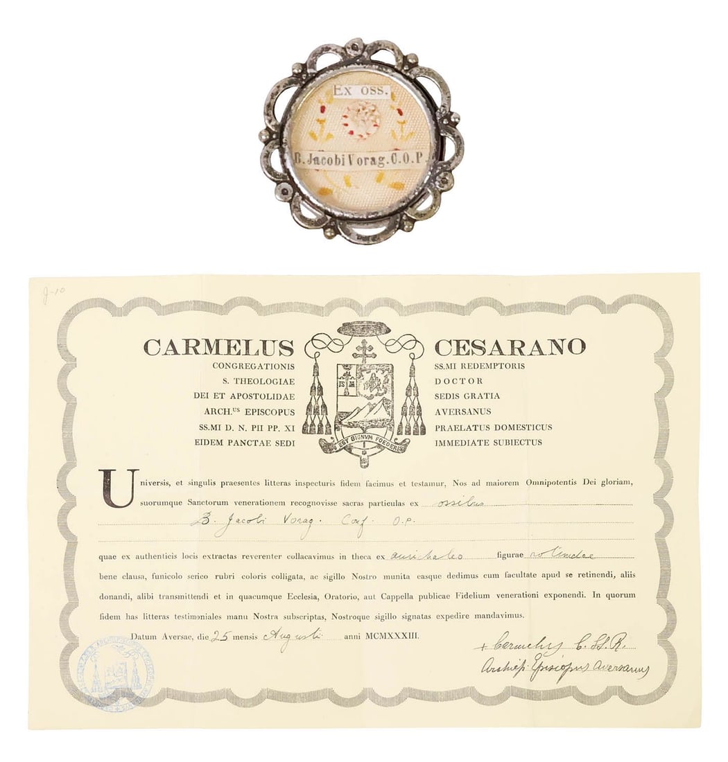 1ST-CLASS RELIC OF ST. JACOBUS DE VORAGINE IN THECA RELIQUARY WITH COA: First-class (ex ossibus) relic of Saint Jacobus de Voragine (Dominican Archbishop of Genoa, author of the Golden Legend, Italian, c.1230-1298), housed in a silver-tone metal theca reliquary with scall