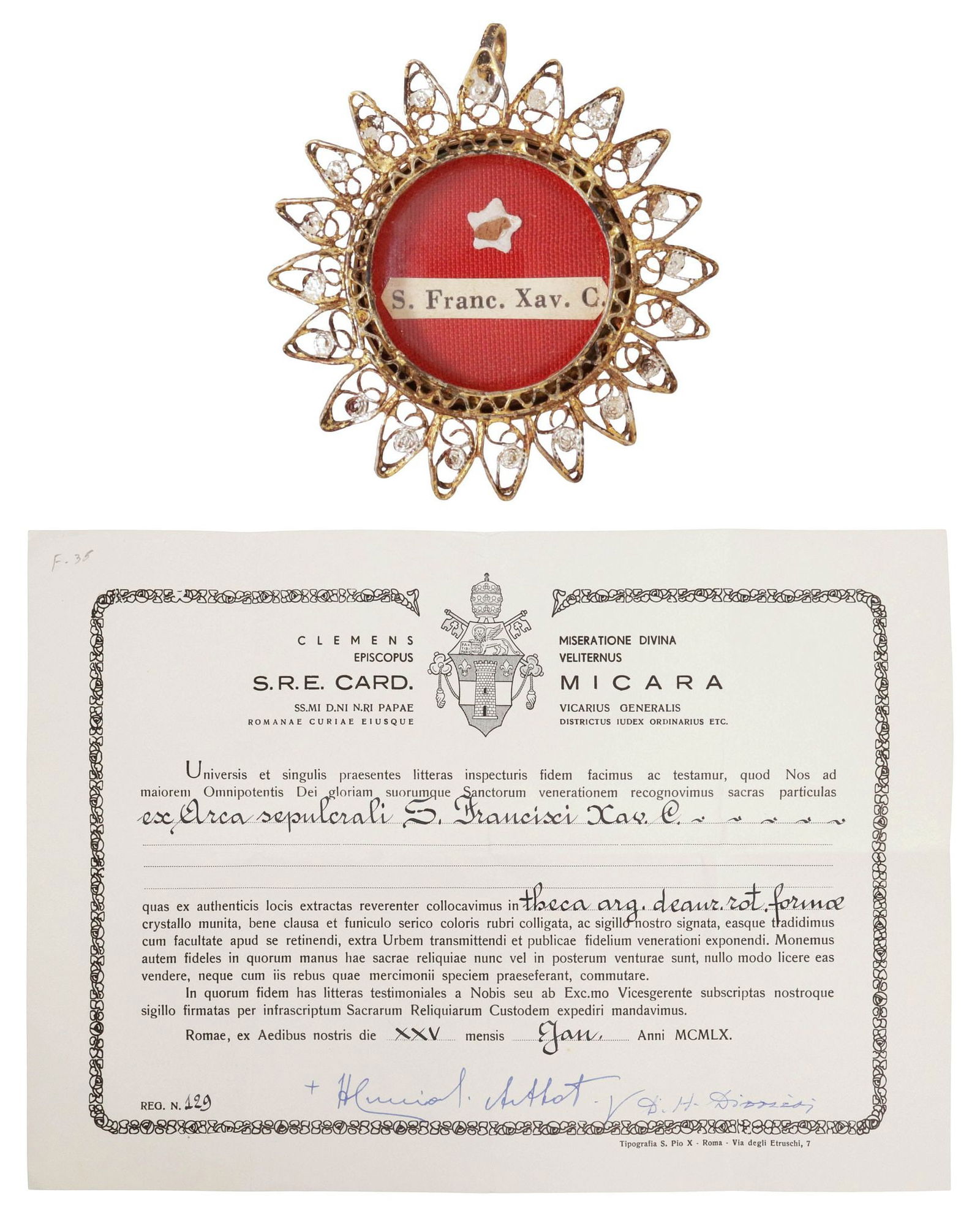 2ND-CLASS RELIC OF ST. FRANCIS XAVIER IN THECA RELIQUARY WITH COA: Second-class (ex arca sepulcrali) relic of Saint Francis Xavier (born Francisco de Jasso y Azpilicueta, Jesuit missionary and co-founder of the Society of Jesus, 1506-1552), housed in a gold-tone meta