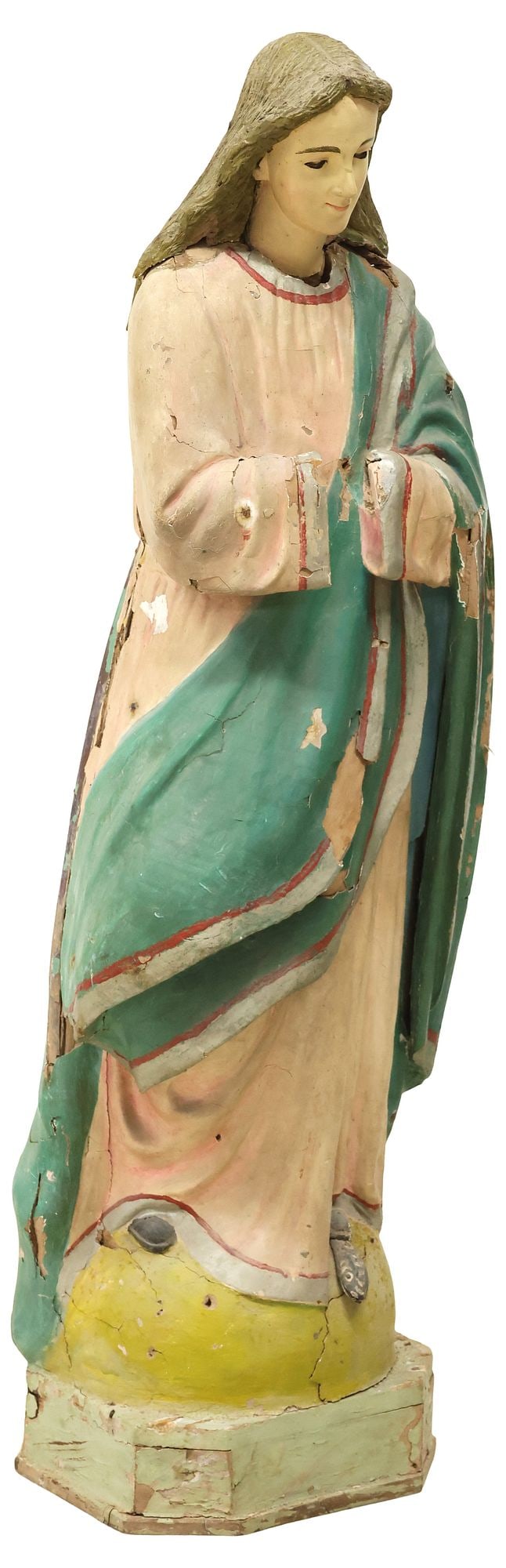 FRENCH COLONIAL CARVED SAINT FIGURE, MARY OF IMMACULATE CONCEPTION, 39"H: Large French Colonial religious saint figure, Our Lady of the Immaculate Conception, 19th c., carved wood with gesso and polychrome paint, depicting the Virgin Mary in a pink robe and green sash, stan