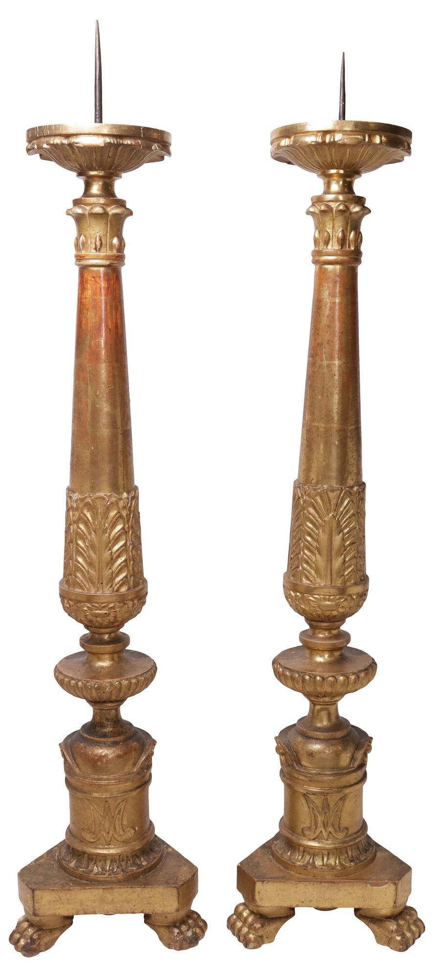 (2) ITALIAN BAROQUE STYLE PARCEL-GILT ALTAR CANDLE PRICKETS, 43.5"H (1 of 3)