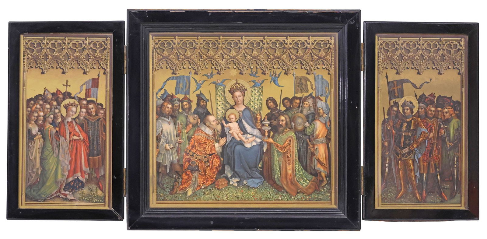 PRINTED TRIPTYCH AFTER LOCHNER'S COLOGNE CATHEDRAL DOMBILD ALTARPIECE: Framed religious triptych, "The Adoration of the Magi (The Dombild Altarpiece)," after the Cologne Cathedral altarpiece by Stefan Lochner (German, c.1410-1451), comprising (five) chromolithographs on