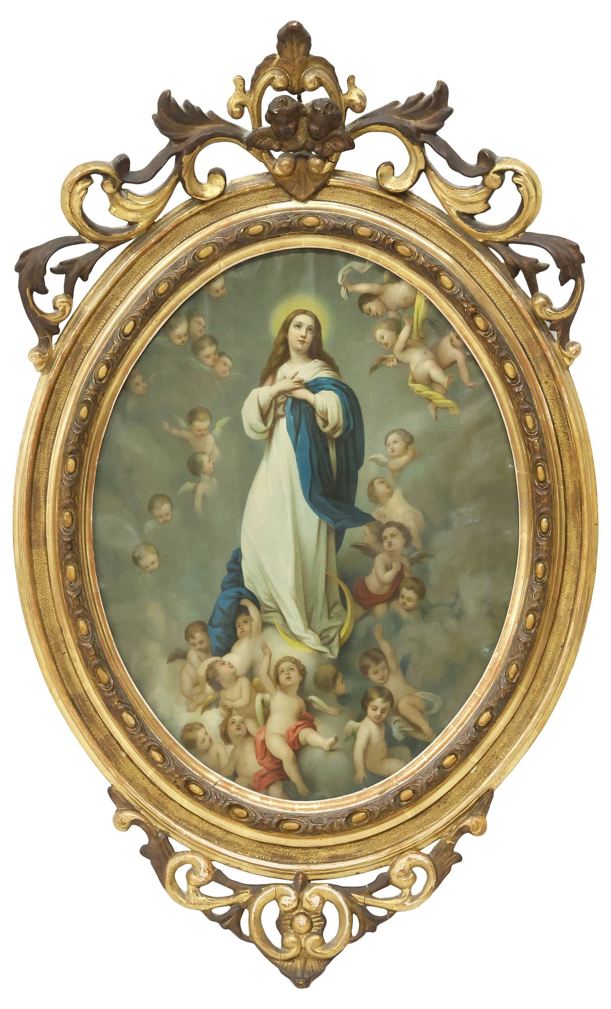GILTWOOD FRAMED RELIGIOUS PRINT, OUR LADY OF THE IMMACULATE CONCEPTION: Framed print on canvas, Our Lady of the Immaculate Conception, housed in a Rococo style ovular giltwood frame, with scrolling foliate cherub mask crest, sight: approx 18.75"h, 14.5"w, overall: approx