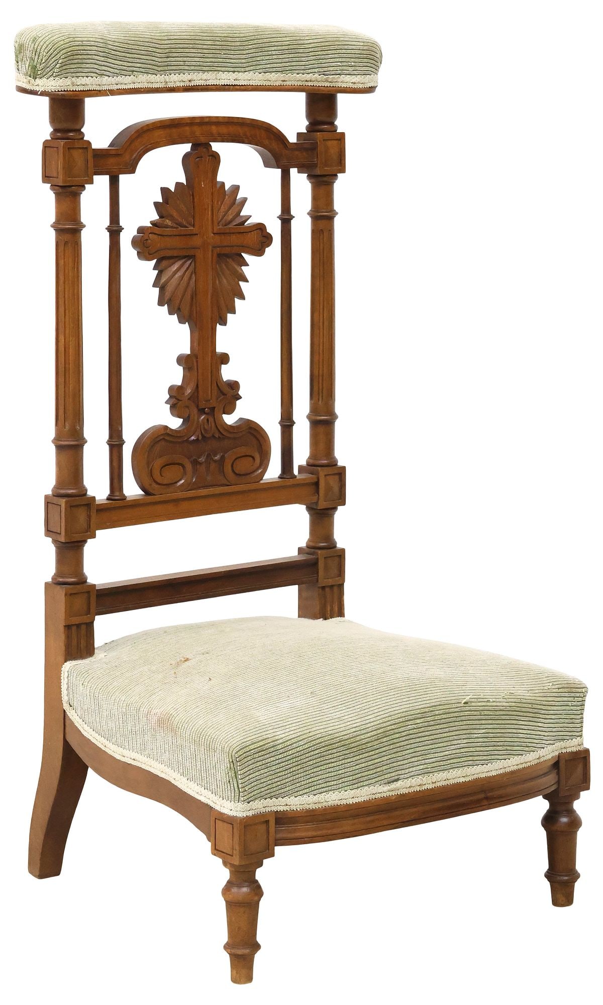 FRENCH CARVED MAHOGANY PRIE DIEU / PRAYER KNEELER: French mahogany prie-dieu/ prayer kneeler, late 19th c., having padded top rail and seat in a fabric upholstery, with carved splat centering crucifix, rising on turned legs, approx 37.5"h, 18.5"w, 17.