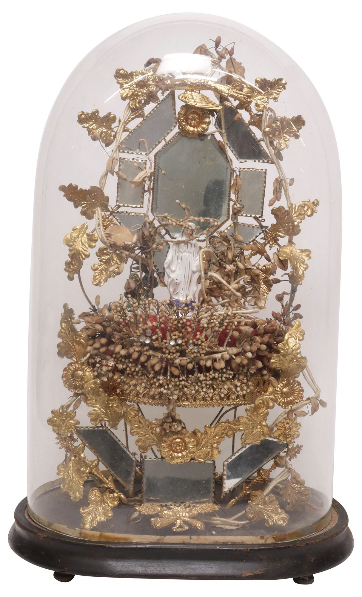 FRENCH GLOBE DE MARIEE / BRIDE'S GLOBE IN CLOCHE: French globe de mariee/ bride's globe, late 19th c., glass cloche/ dome on ebonized base, encasing gilt-metal and faux foliates, with beveled mirror plates surrounding a tufted cushion, topped by a fi