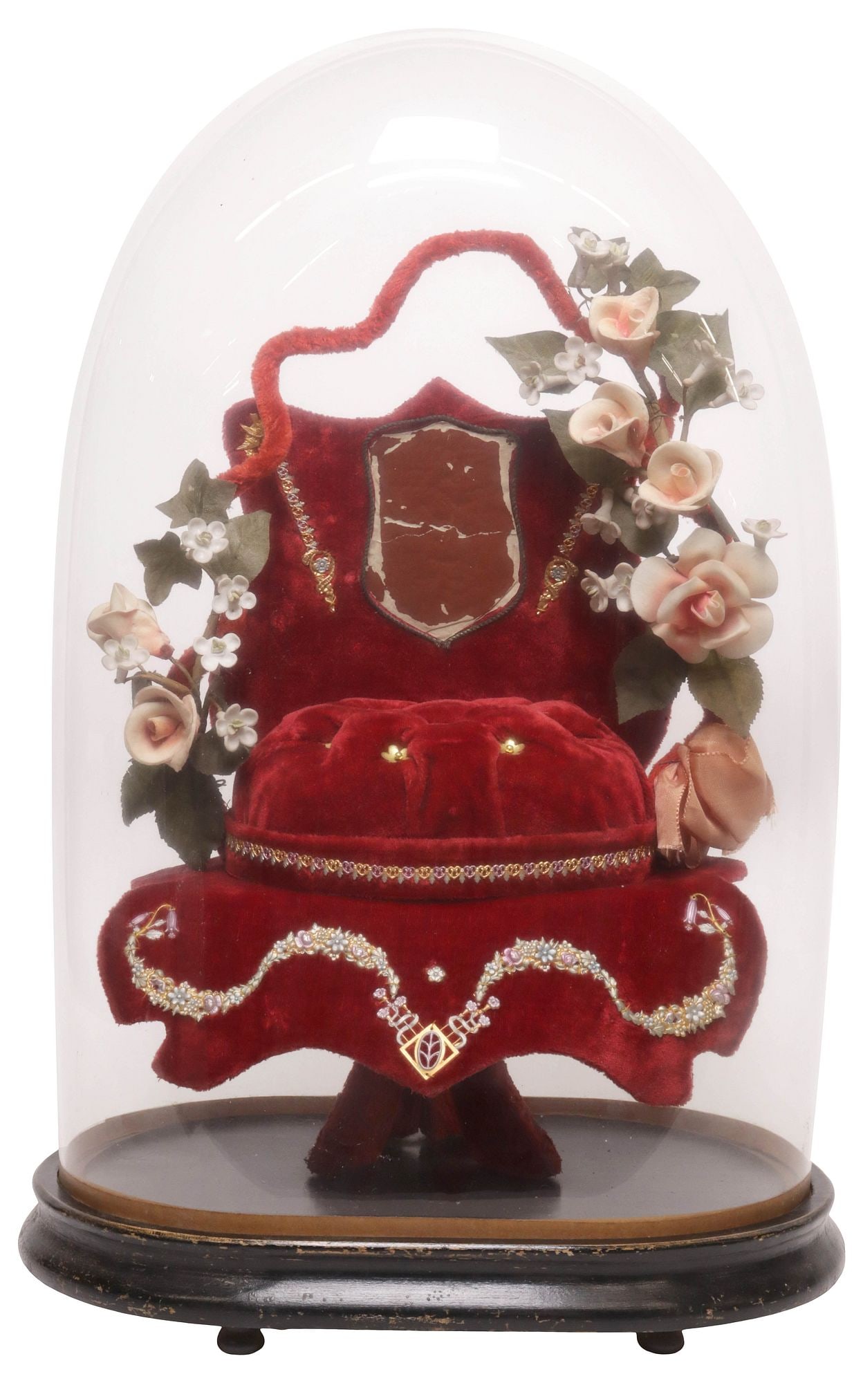 FRENCH GLOBE DE MARIEE / BRIDE'S GLOBE IN CLOCHE: French globe de mariee/ bride's globe, late 19th c., glass cloche/ dome on ebonized base, encasing faux flowers and tufted cushion, approx 20.5"h, 12"w, 8.75"d, 6.25lbs