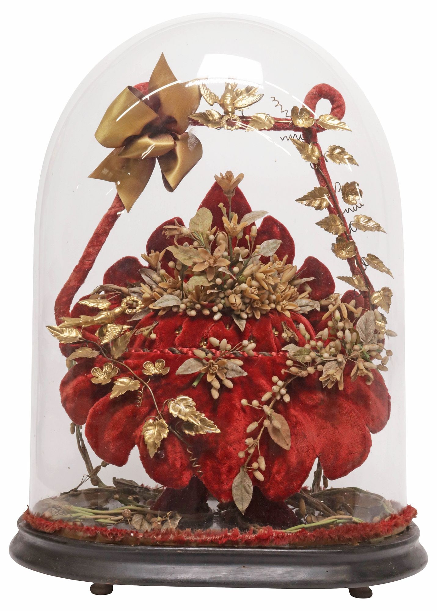 FRENCH GLOBE DE MARIEE / BRIDE'S GLOBE IN CLOCHE: French globe de mariee/ bride's globe, late 19th c., glass cloche/ dome on ebonized base, enclosing gilt metal foliates and bird motifs, surrounding large red tufted cushion, approx 20.5"h, 14"w, 10"d