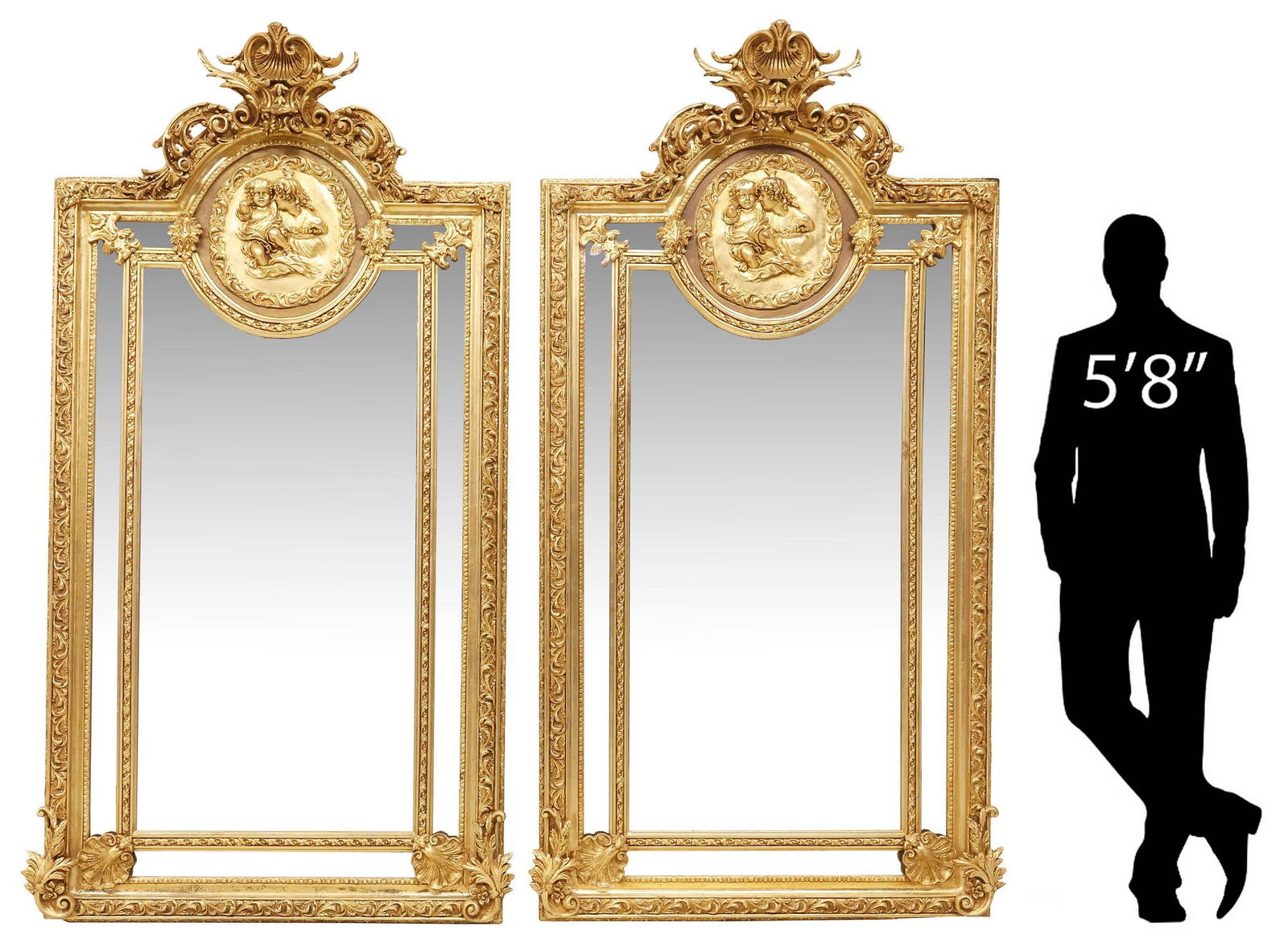 (2) LARGE LOUIS XV STYLE GILT PARCLOSE PORTRAIT MIRRORS, 84.5"H: (pair) Louis XV style gilt composite wall mirrors, 21st c., having arched crest with molded shell motif and pierced scrollwork, above portrait roundel of a mother and child, rectangular frame with fol