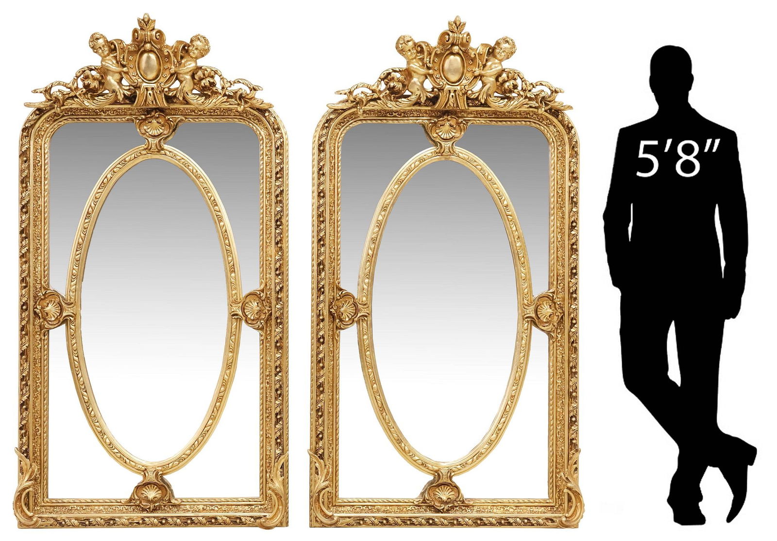 (2) LOUIS XV STYLE GILT CHERUB PARCLOSE MIRRORS, 72.5" X 39.5": (pair) Louis XV style gilt composite wall mirrors, 21st c., having molded crest with a pair of cherubs flanking central shield, cushion frame with curved foliate and bead trim, shell motifs framing ce