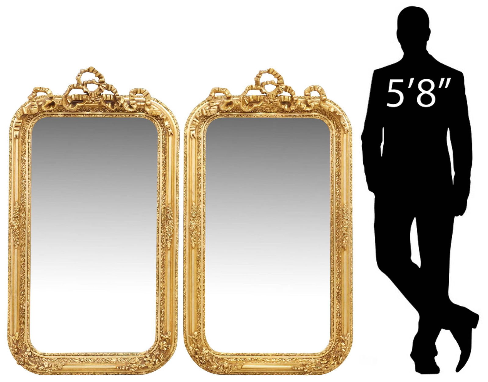 (2) LOUIS XVI STYLE GILT BEVELED WALL MIRRORS: (pair) Louis XVI style gilt composite wall mirrors, 21st c., having rounded frame with molded ribbon crest, and running foliate ornamentation, encasing beveled mirror plate, approx 59.5"h, 33.5&q