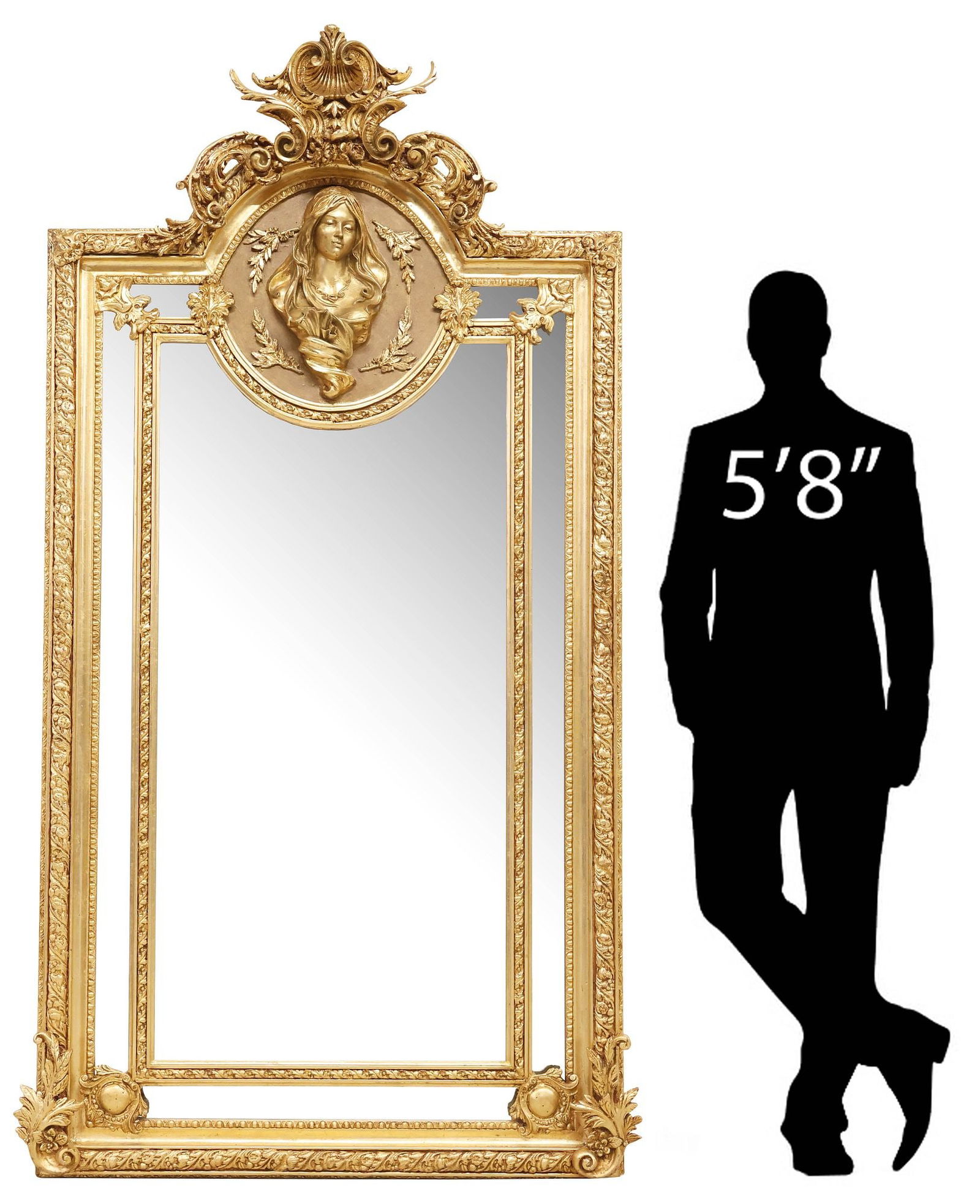 LARGE LOUIS XV STYLE GILT PARCLOSE PORTRAIT MIRROR, 85" X 46": Louis XV style gilt composite wall mirror, 21st c., having molded shell crest with floral garland, above shaped cushion frame with central portrait of a woman in relief, foliate and egg-and-dart trim,