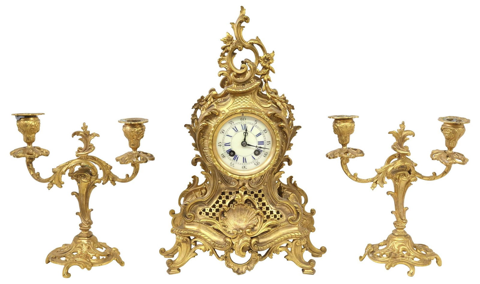 (3) FRENCH LOUIS XV STYLE GILT-METAL MANTEL CLOCK & CANDELABRA GARNITURE SET (1 of 7)