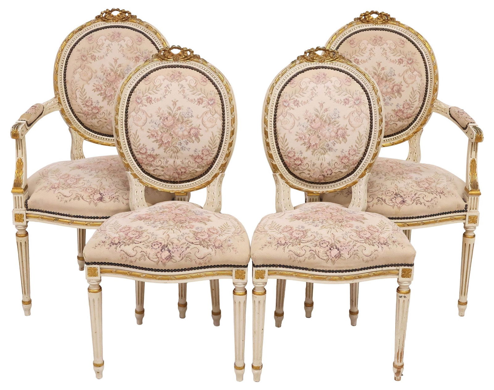 (4) FRENCH LOUIS XVI STYLE PARCEL-GILT & PAINTED SIDE & ARMCHAIRS (1 of 3)