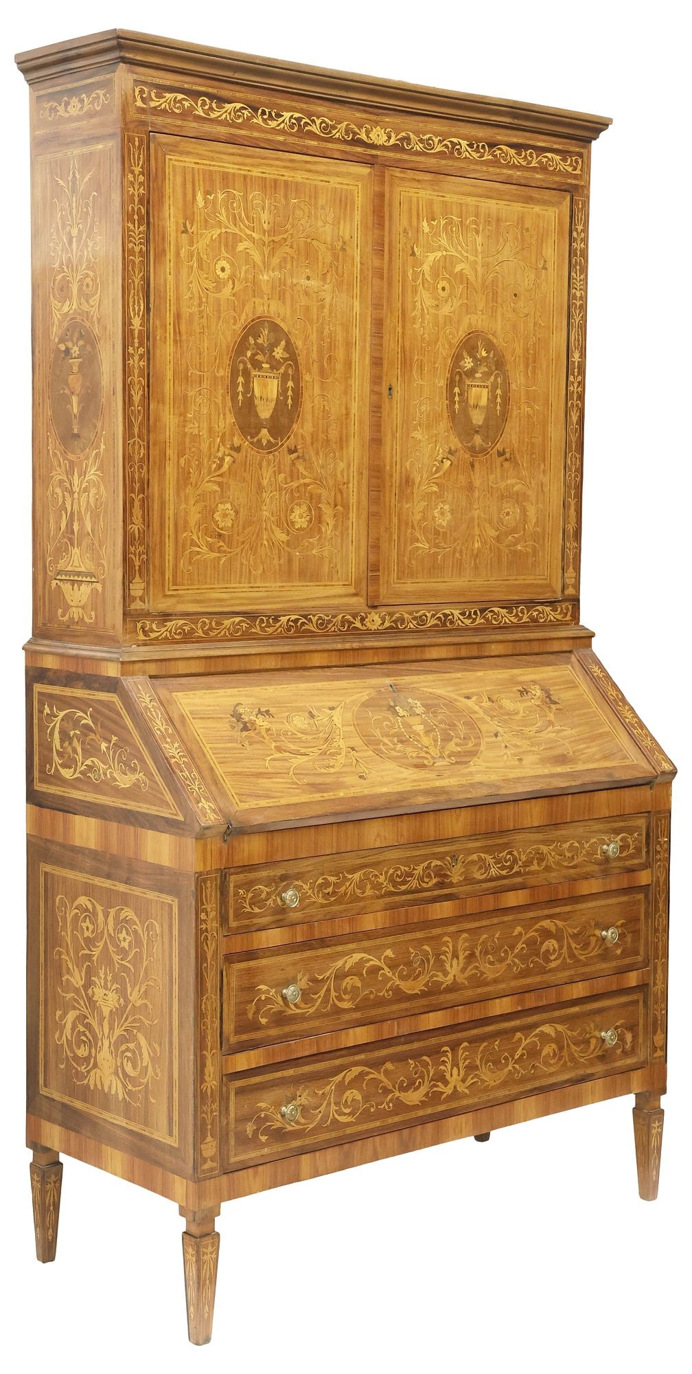 ITALIAN NEOCLASSICAL MAGGIOLINI STYLE MARQUETRY SECRETARY BOOKCASE: Italian Neoclassical style inlaid secretary bookcase, 20th c., with marquetry in the manner of Giuseppe Maggiolini (Italian, 1738-1814), molded cornice over dual cabinet doors, interior with fixed-hei