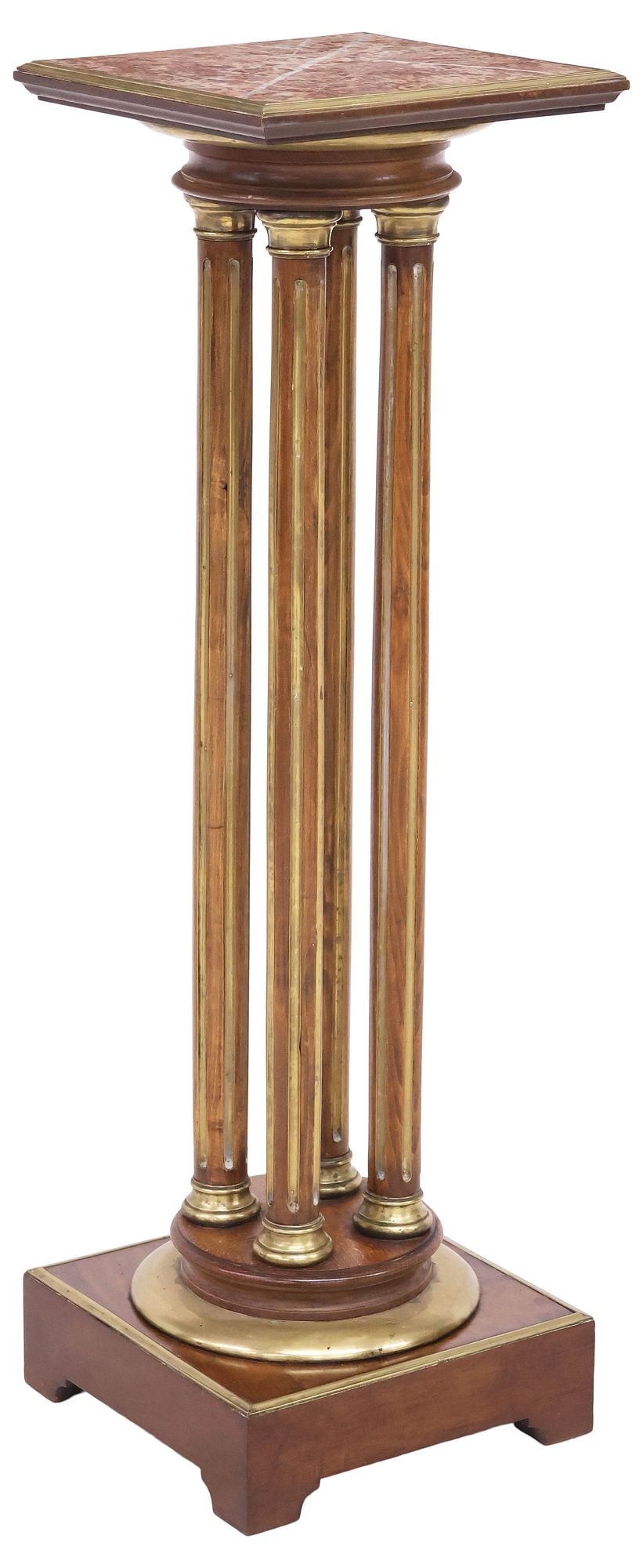 FRENCH LOUIS XVI STYLE MARBLE-TOP MAHOGANY & GILT-METAL PEDESTAL: French Louis XVI style mahogany display pedestal/ plant stand, 20th c., having inset marble top, raised on four fluted columnar supports, ending on square platform base, mounted throughout with gilt-m