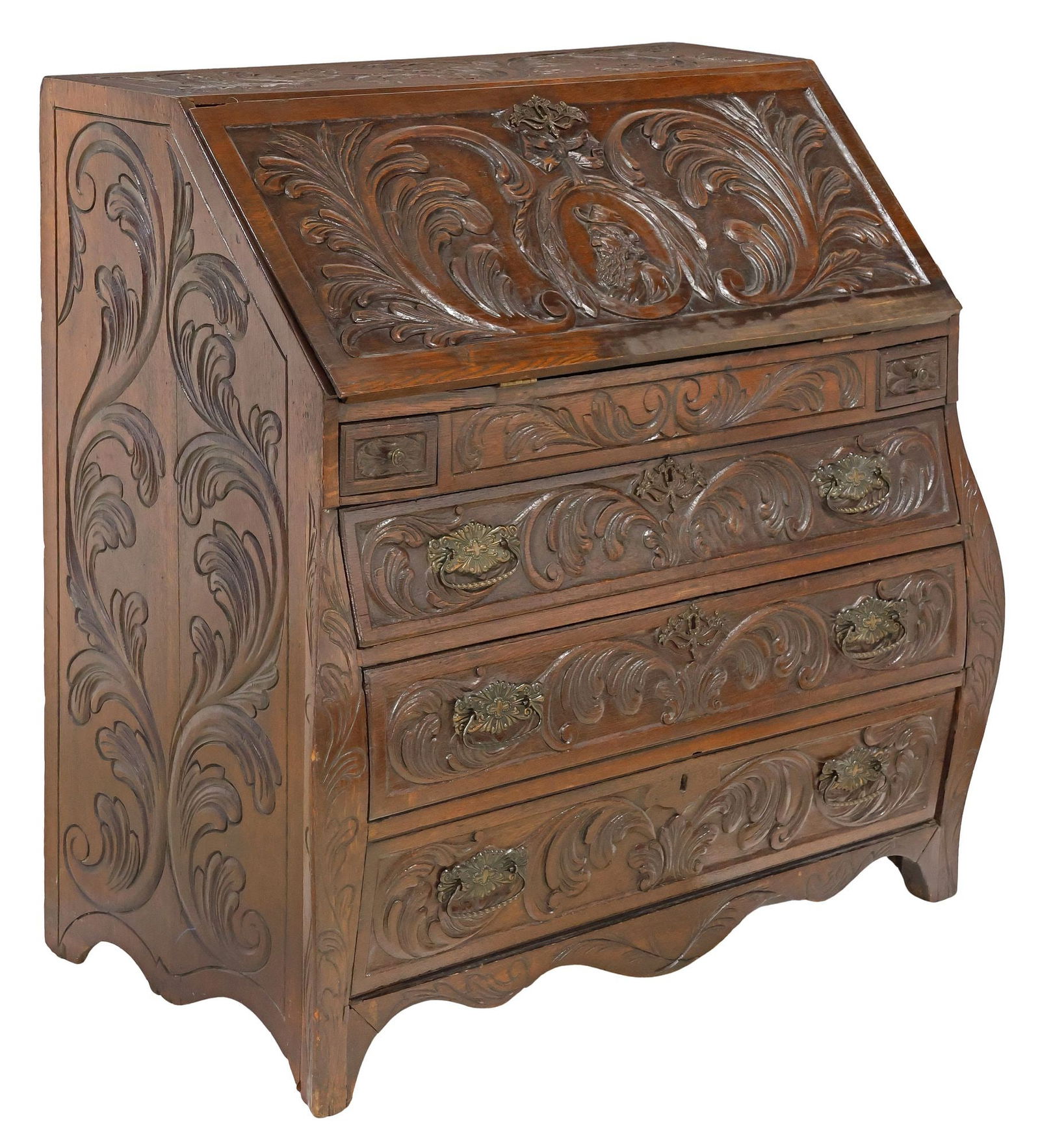 CONTINENTAL CARVED OAK SLANT-FRONT SECRETARY DESK / BUREAU EN TOMBEAU (1 of 9)
