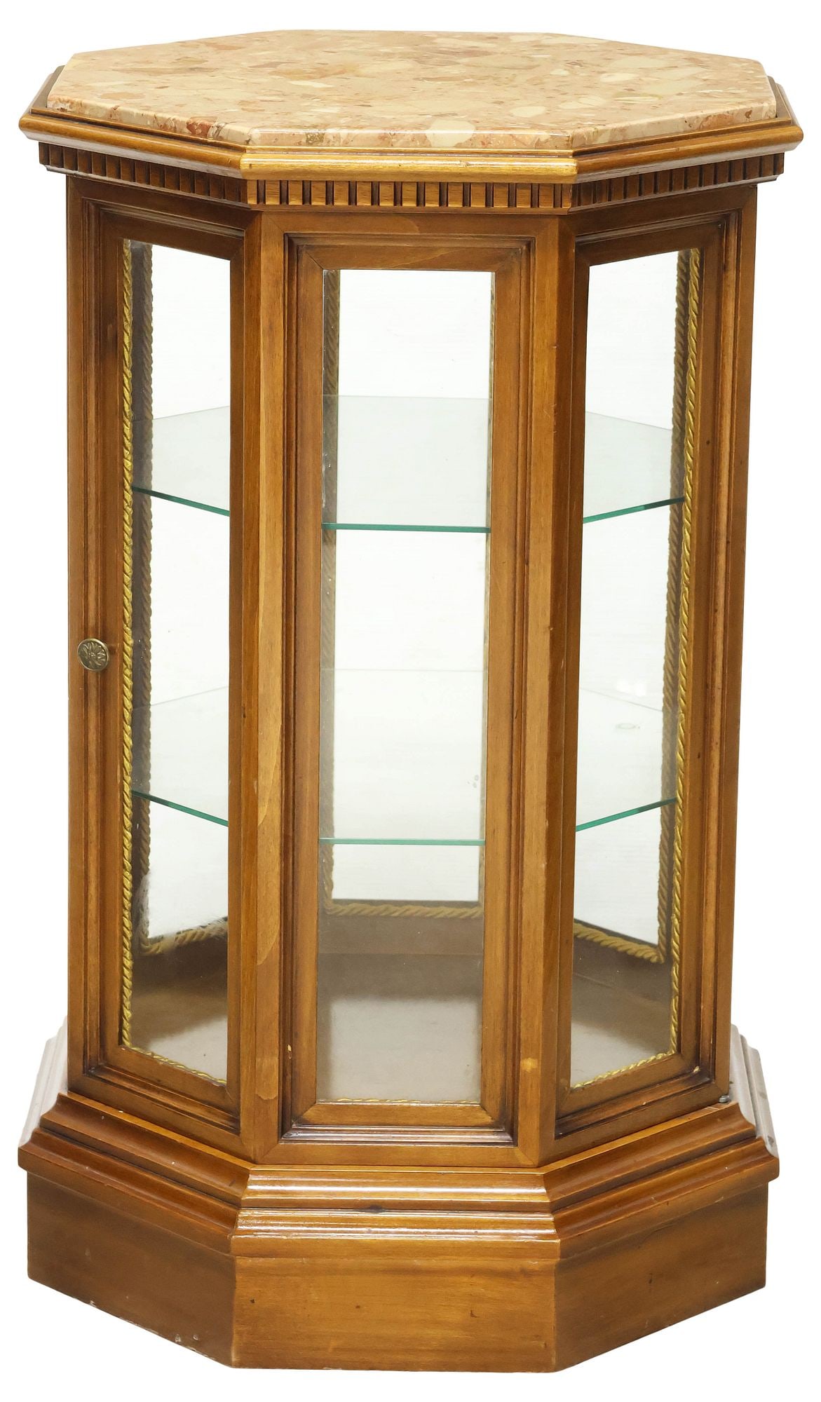 MARBLE-TOP OCTAGONAL GLAZED WOOD DISPLAY CABINET / VITRINE: Octagonal display cabinet/ vitrine, 20th c., having inset marble top, over glazed case fitted with single drawer, revealing fixed-height glass shelves, rising on stepped base, approx 29"h, 17.5"w, 17.