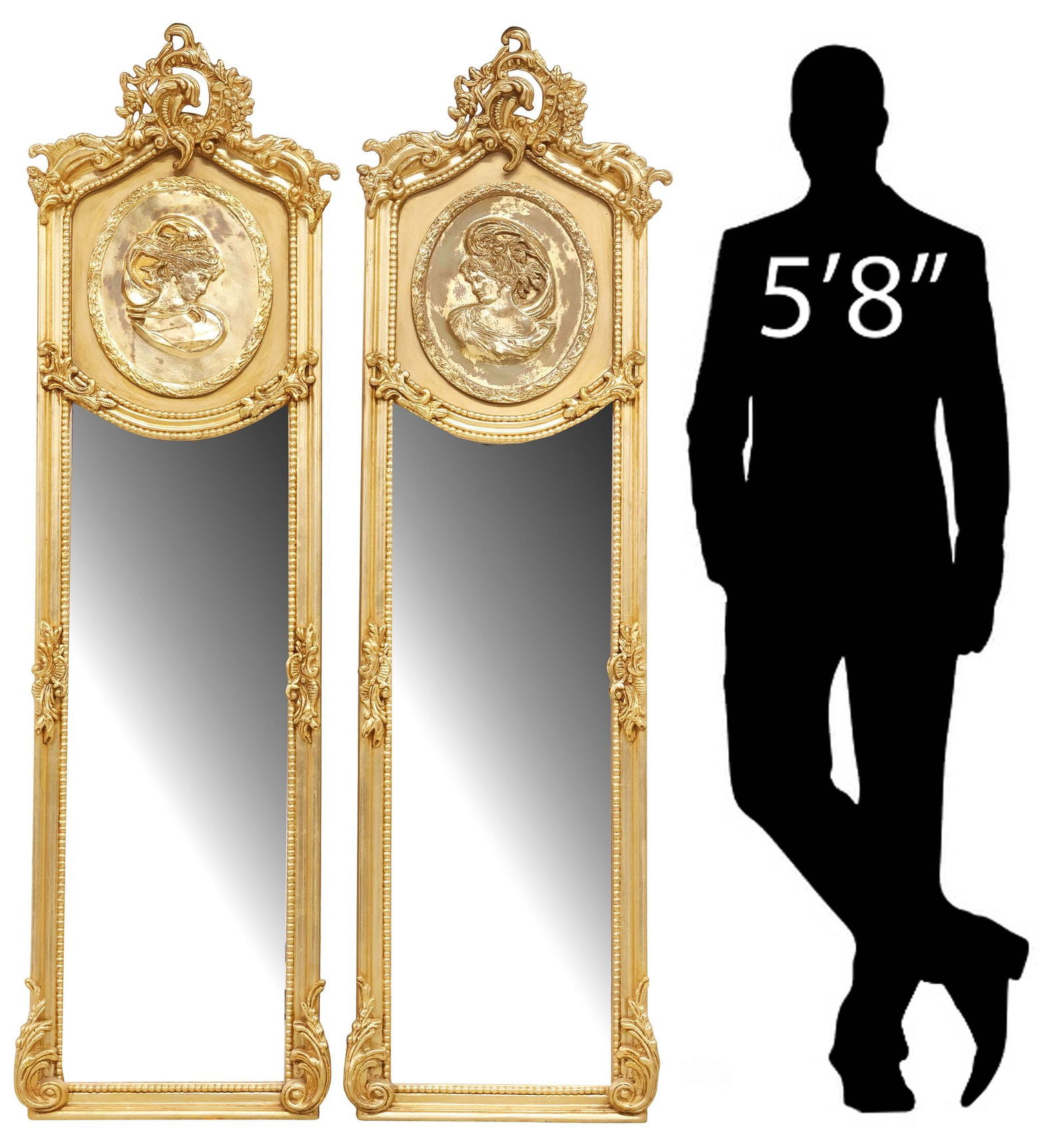 (2) LOUIS XV STYLE GILT PORTRAIT PIER MIRRORS, 69"H: (pair) Louis XV style gilt composite pier mirrors, 21st c., having pierced rocaille crest with molded floral motifs, above shaped frame with opposing portraits of a maiden, beaded trim, encasing bevel
