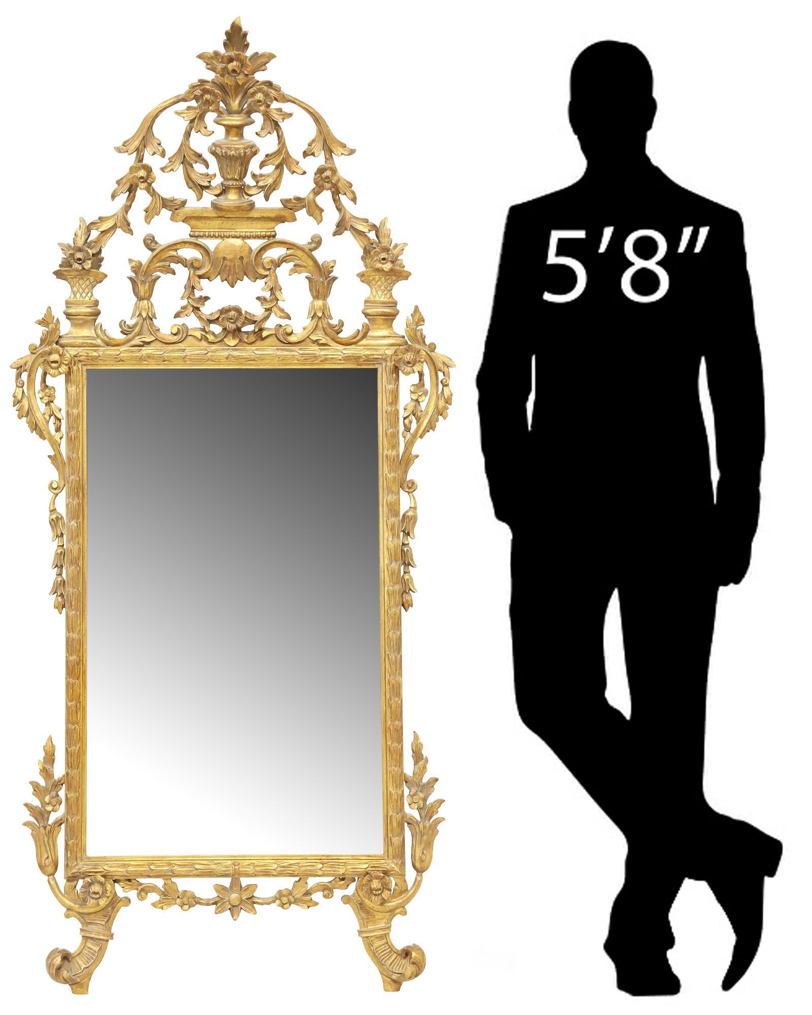 ITALIAN FLORENTINE CARVED GILTWOOD MIRROR, 70"H: Italian Florentine carved giltwood mirror, early 20th c., having flowering urn crest, above rectangular frame with raised foliate scrollwork, encasing flat mirror plate, rising on whorl feet, glue rep