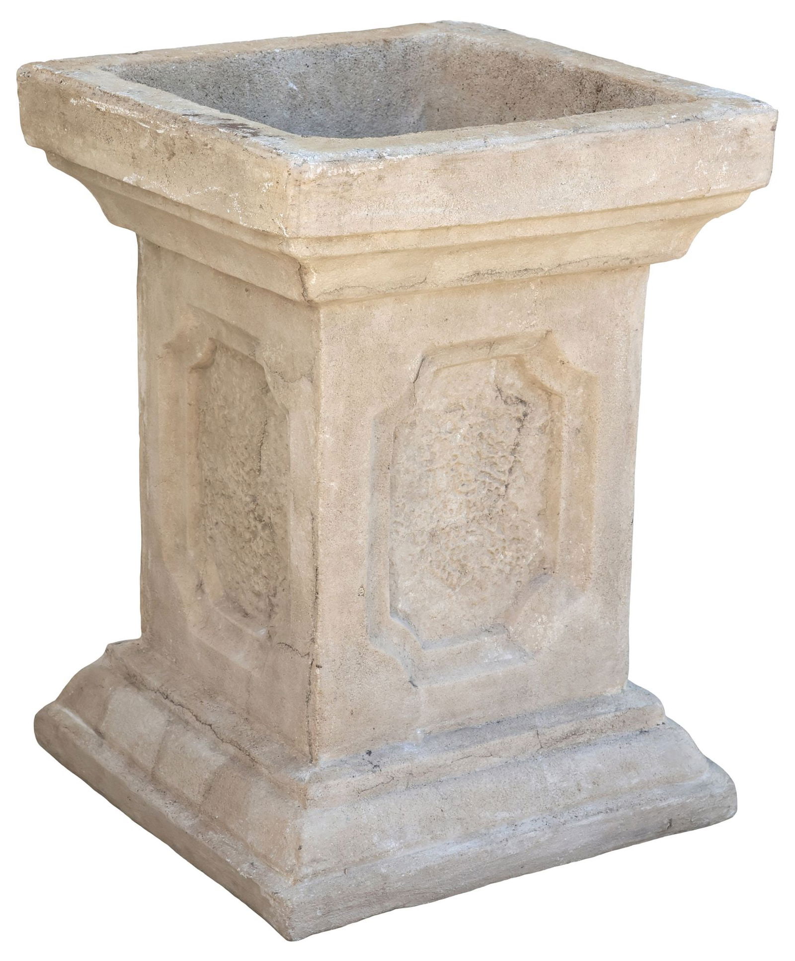 CAST STONE GARDEN PEDESTAL / PLANT STAND: Cast stone garden pedestal/ plant stand, having rectangular standard, each side with recessed paneling with canted angles, rising on stepped square base, lacking top, approx 27"h, 20"w, 20"d **PLEASE