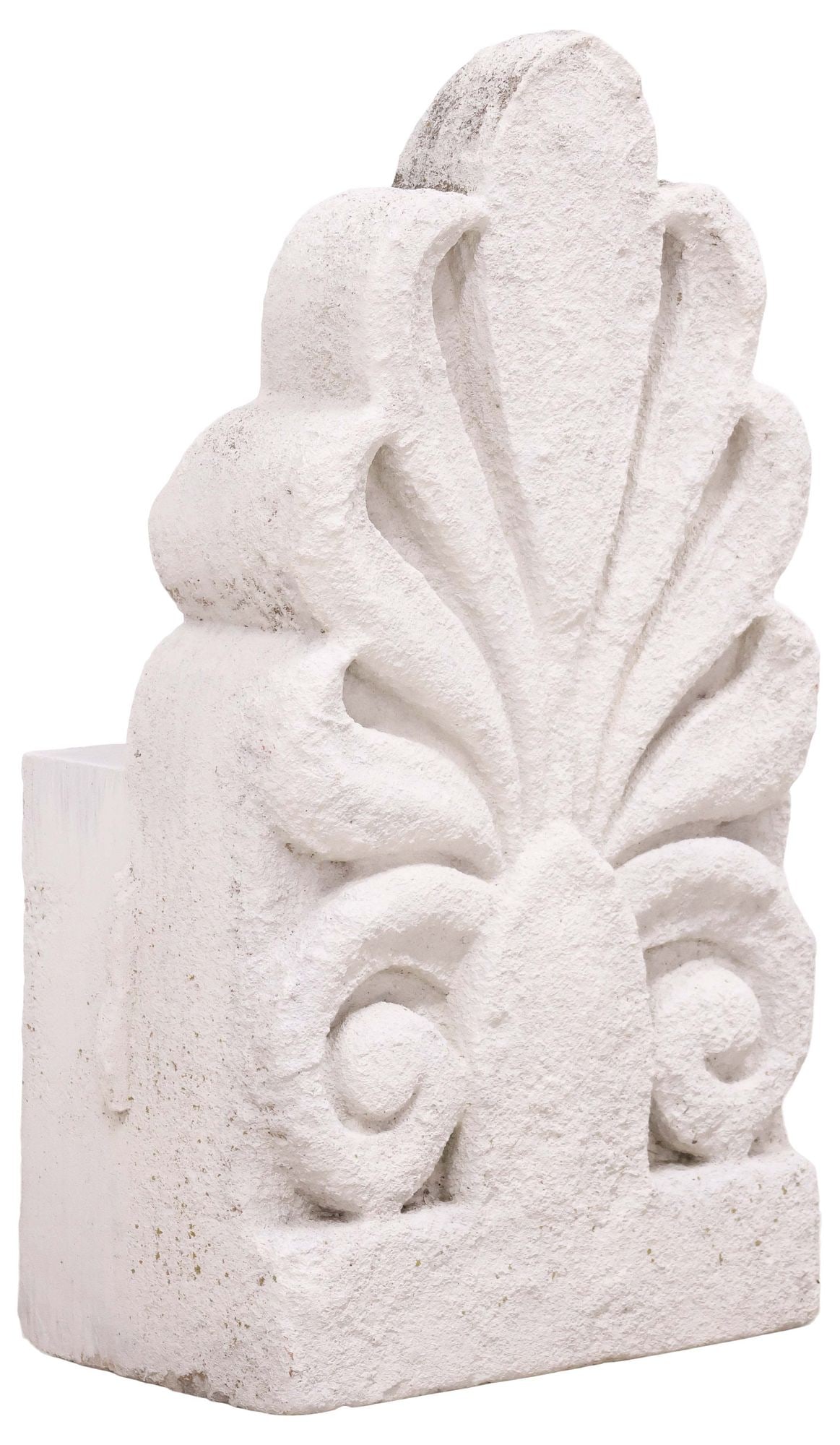 ROMAN STYLE ARCHITECTURAL CAST STONE ANTEFIX / ROOF TERMINAL: Roman style architectural cast stone antefix or roof tile terminal, in the form of a scrolling palmette, approx 22"h, 11.5"w, 7"d **PLEASE NOTE: All cast stone and garden pieces in this auction have i