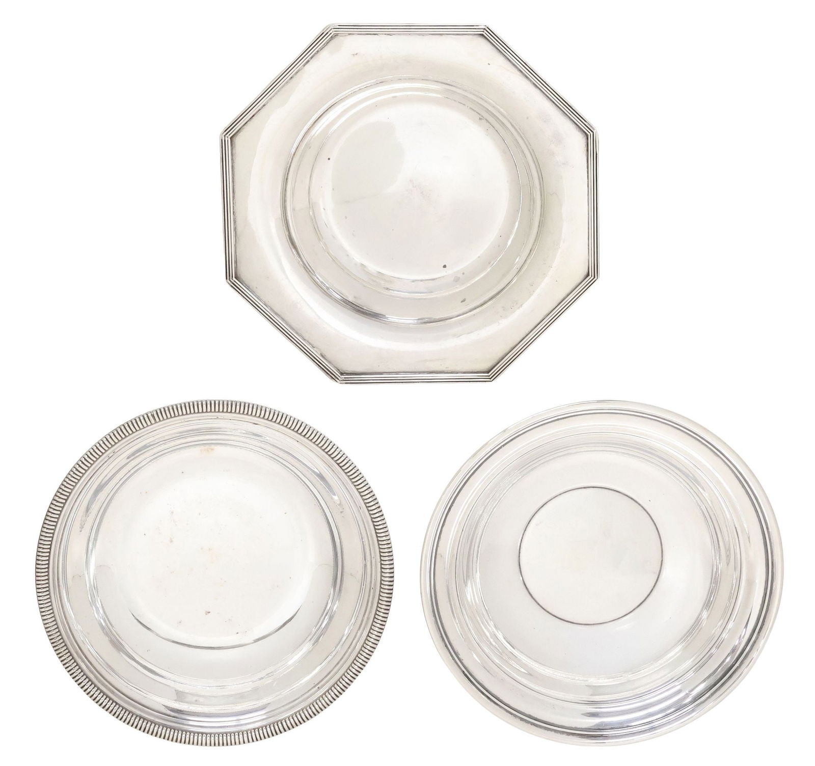 (3) GORHAM & THEODORE B. STARR STERLING SILVER BON BON BOWLS: (lot of 3) American sterling silver bon bon bowls, each with hallmark and maker's marks underfoot, including: (2) Gorham, (one) with rolled rim, pattern 141, (one) with ribbed rim, pattern 133, each: