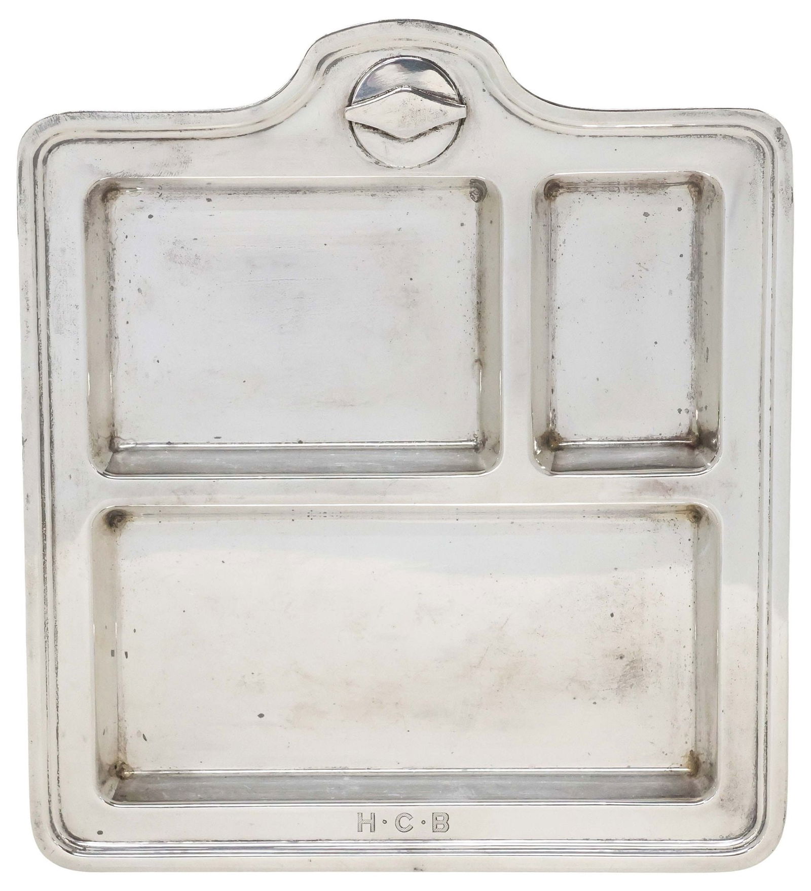 AMERICAN GORHAM STERLING SILVER SMOKING TRAY: American sterling silver divided smoking/ cigar tray, Gorham Manufacturing Company, geometric circular cartouche with diamond device, cresting three dished compartments, triple monogram HCB, maker's m