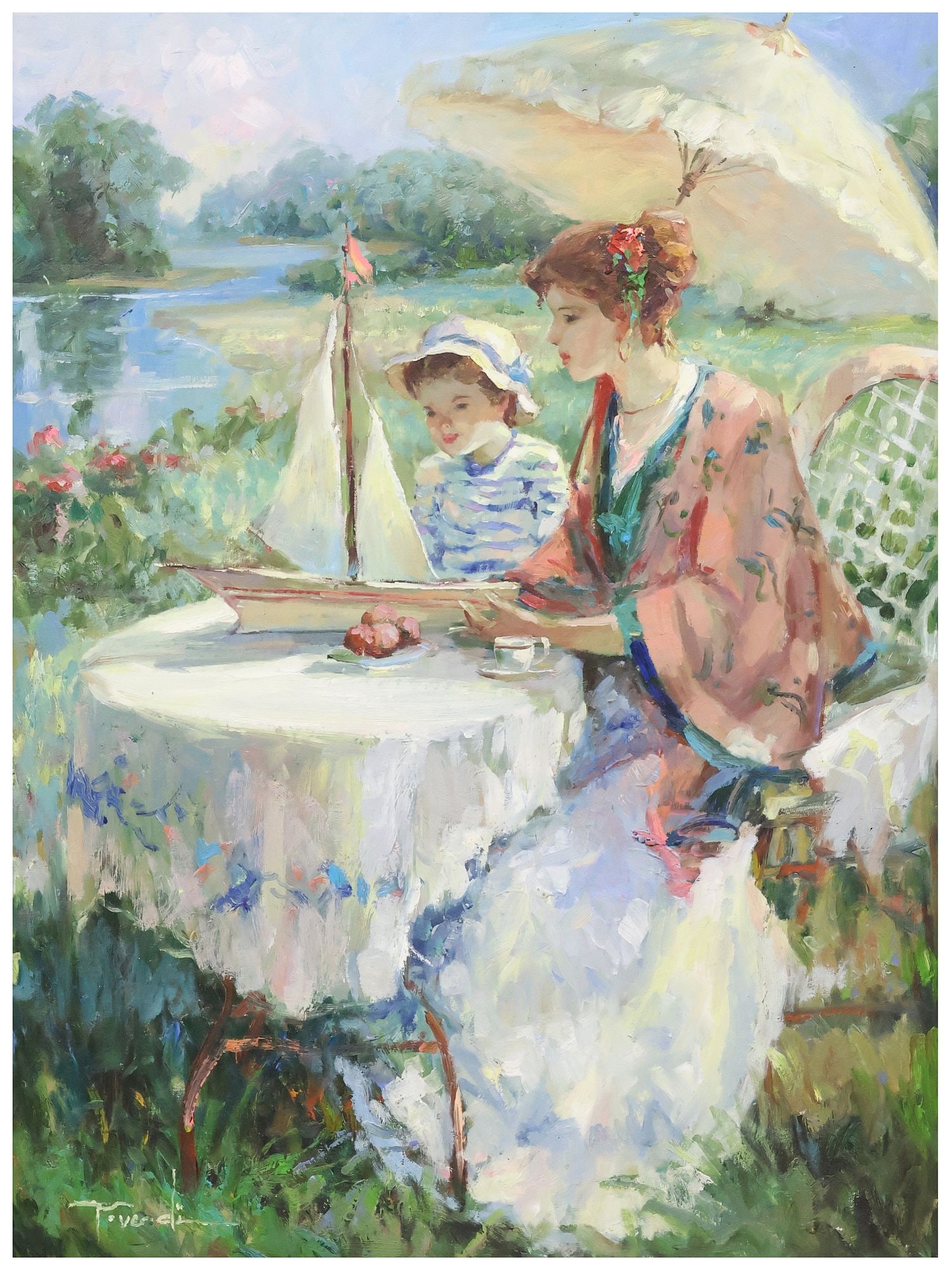 TADDO VENDI (20THC.) OIL PAINTING, MOTHER & CHILD WITH MODEL BOAT, 40" X 30": Framed oil on canvas painting, Mother and Child in the Garden, signed lower left T. Vendi (Taddo Vendi, Italian, 20th c.), sight: approx 39.5"h, 29.5"w, overall: approx 53"h, 43"w, 38.5lbs