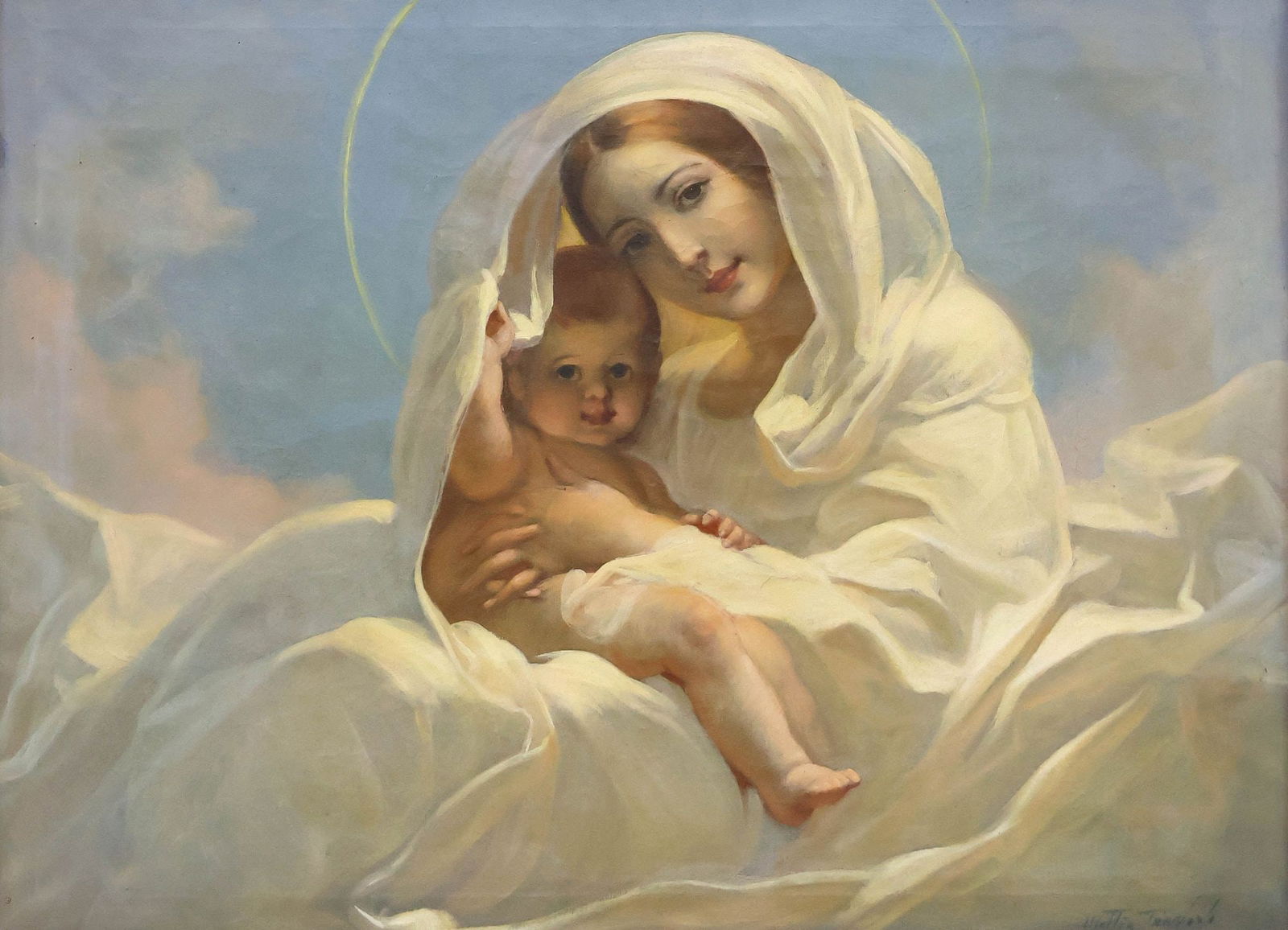 MATTIA TRAVERSO (ITALIAN, 1885-1956) PAINTING, MADONNA & CHILD, 28" X 37": Framed oil on canvas painting, Madonna and Child, signed lower right Mattia Traverso (Italian, 1885-1956), sight: approx 26.5"h, 36.5"w, overall: approx 34"h, 44"w, 9.5lbs