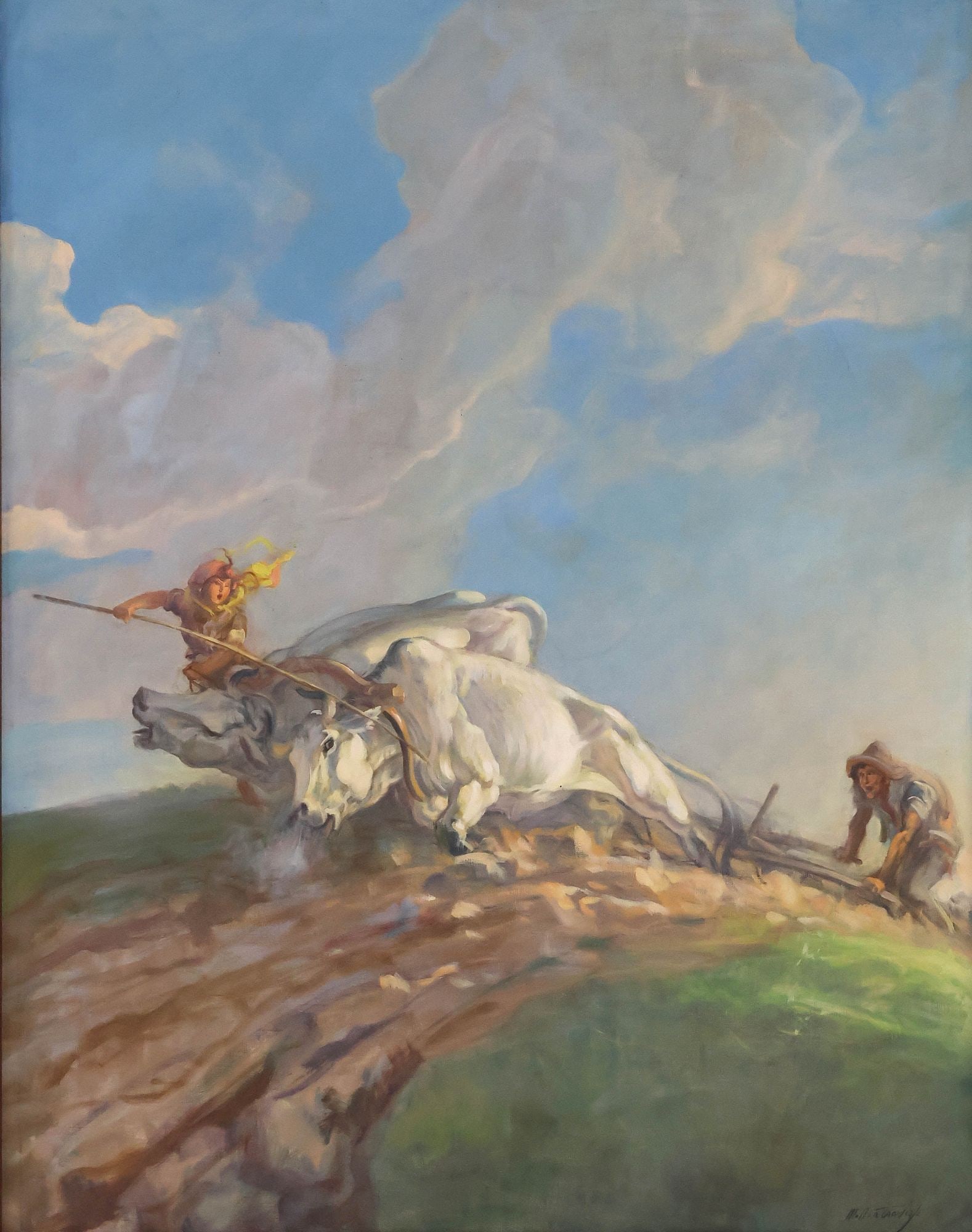 MATTIA TRAVERSO (ITALIAN, 1885-1956) PAINTING, PLOWING THE FIELDS, 55" X 43": Framed oil on canvas painting, Farmers Plowing with Ox Cart, signed lower right Mattia Traverso (Italian, 1885-1956), sight: approx 54"h, 42.5"w, overall: approx 60"h, 48"w, 21lbs