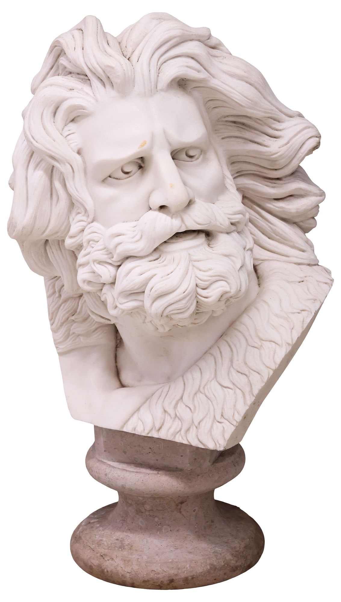 AFTER FRANCOIS RUDE (D.1855) CARVED MARBLE BUST OF A GAUL: Large carved marble bust, Head of a Gaul, after Francois Rude (French, 1784-1855), raised on a marble socle, sculpture: approx 18"h, 15"w, 12"d, overall: approx 25.5"h, 15"w, 12"d **Note: one of a nea