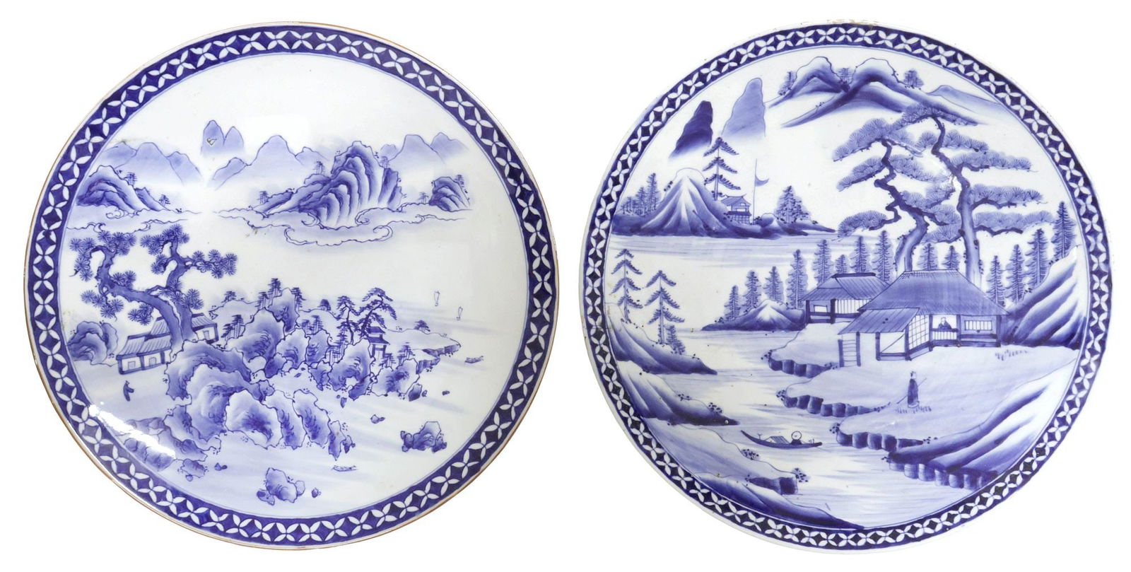 (2) LARGE JAPANESE BLUE & WHITE PORCELAIN CHARGERS, 18"DIAM: (lot of 2) Japanese blue and white porcelain chargers, including: (1) depicting mountain village landscape, three-character mark underfoot, (1) depicting village on the water, unmarked, each approx 18