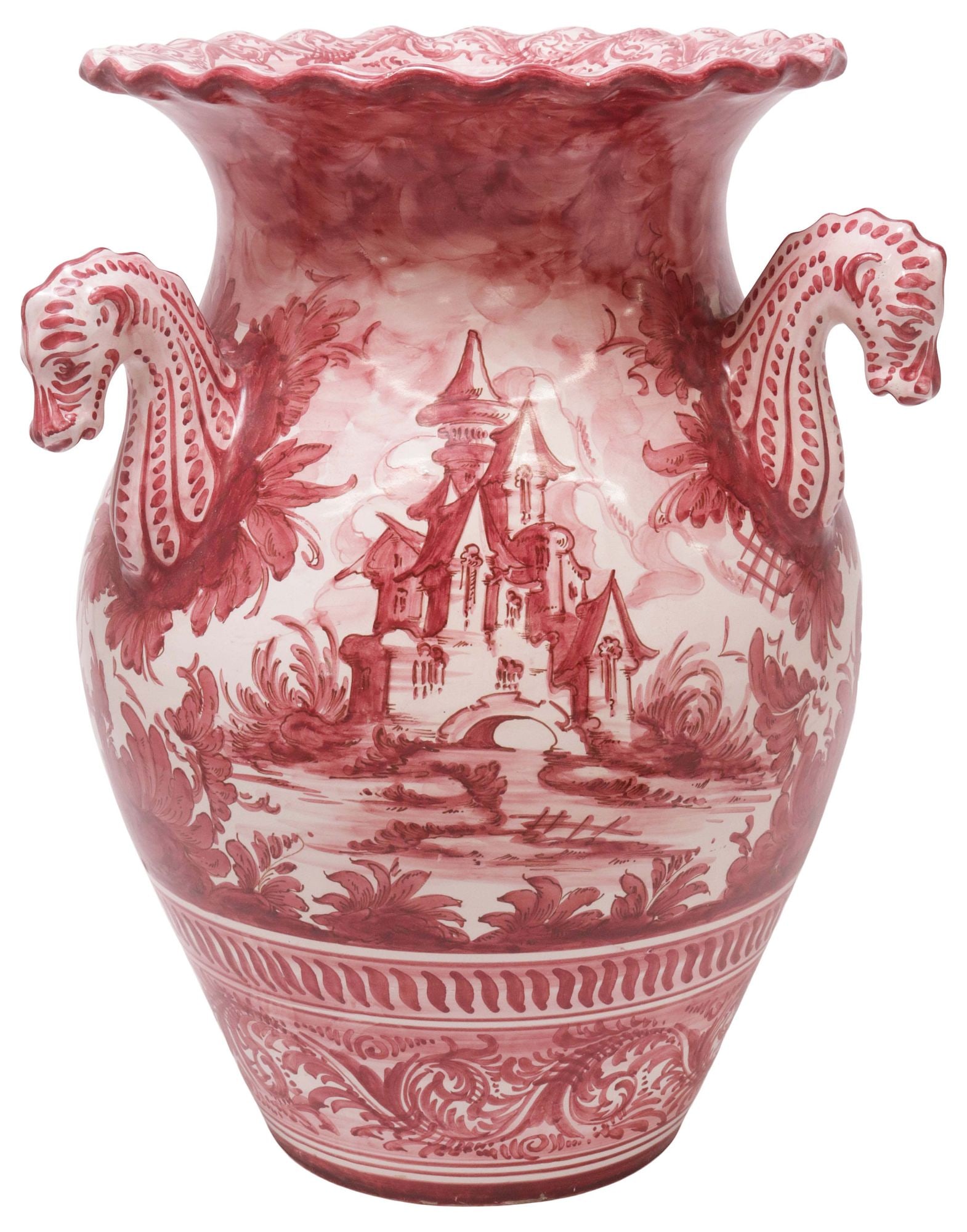 LARGE ITALIAN ALBISOLA RED & WHITE MAJOLICA VASE, 18"H: Large Italian red and white majolica vase, Albisola, 20th c., scalloped rim over bulbous body, three handles formed as serpents, painted with architectural landscape in a surround of scrolling foliate
