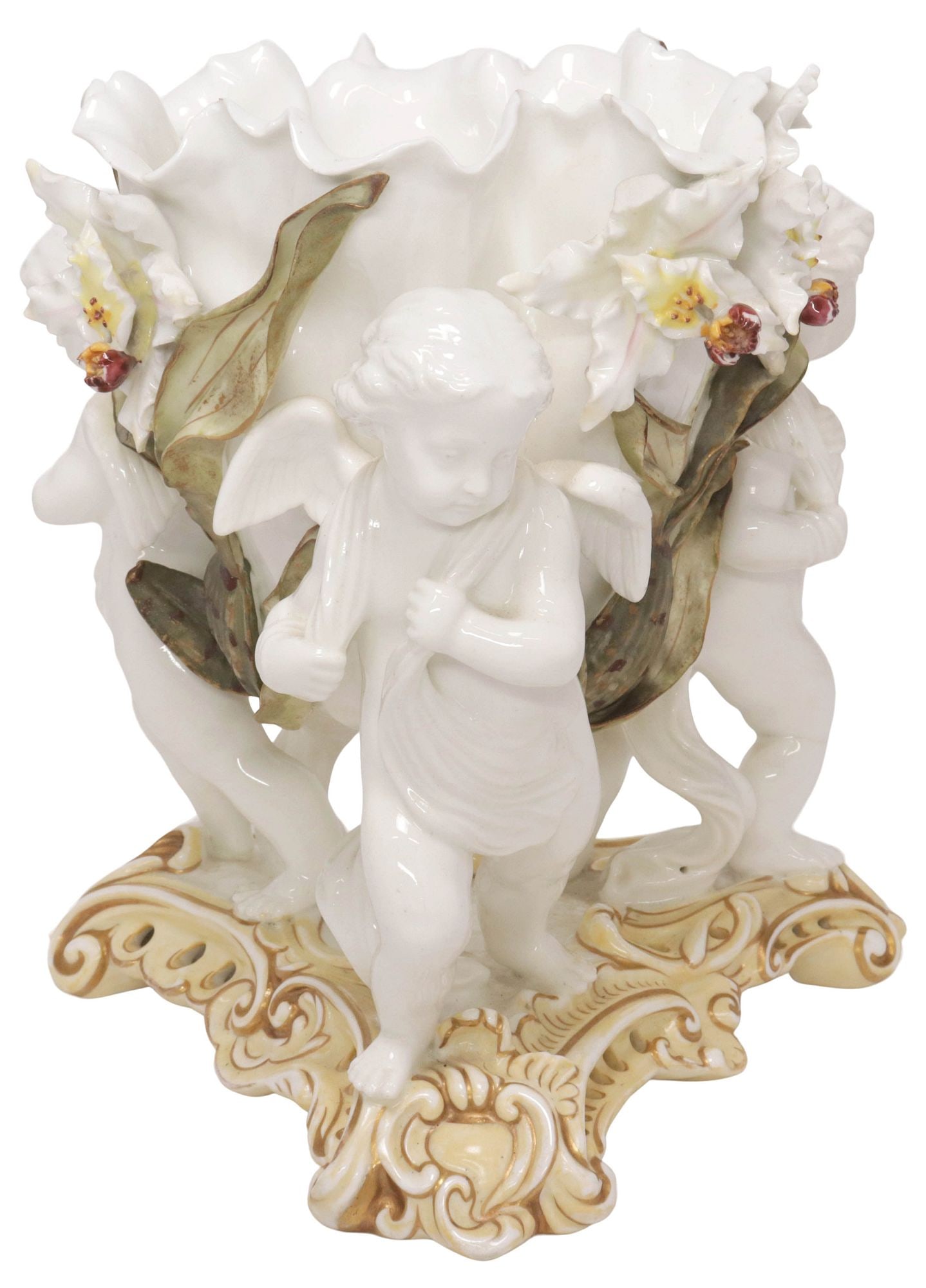 ENGLISH MOORE BROTHERS FIGURAL CHERUBS CENTERPIECE BOWL: English parcel-gilt porcelain centerpiece bowl, Moore Brothers, Longton, late 19th/ early 20th c., having flared and ruffled basin, supported by three draped putti, flanked by polychrome flowers and f