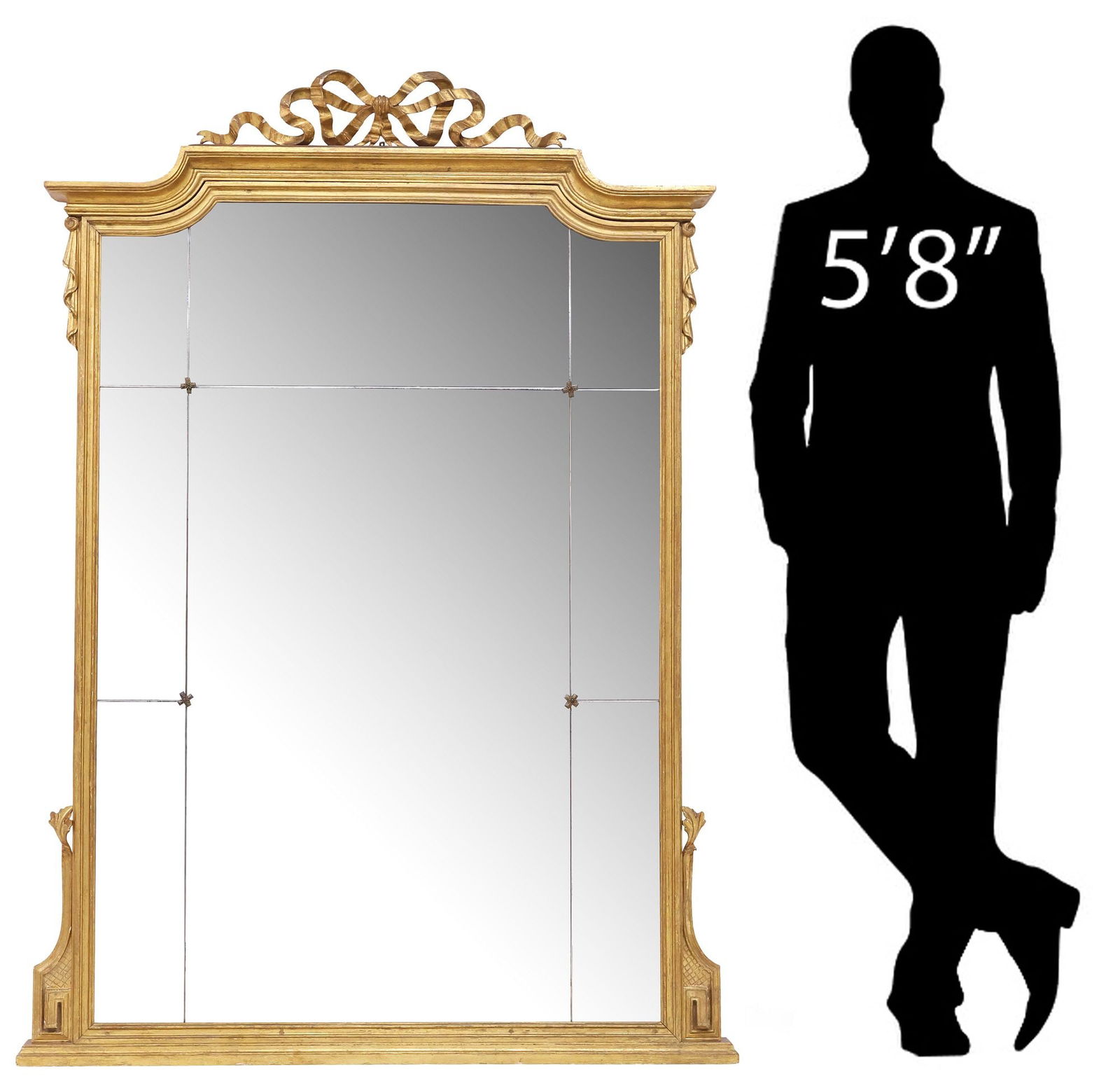FRENCH LOUIS XVI STYLE GILTWOOD MIRROR, 66.5" X 48": French Louis XVI style giltwood mirror, 19th c., having molded ribbon bow crest, above molded cornice with drapery, encasing elongated flat mirror plates, approx 66.5"h, 48"w, 80lbs
